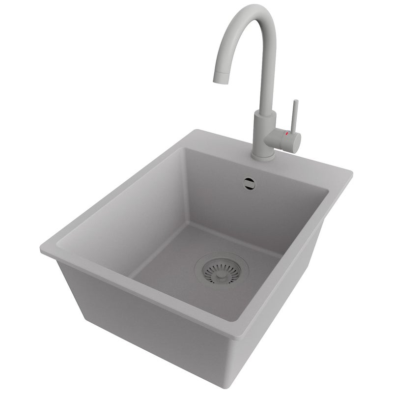Zlewozmywak Granitowy Szary 38x50cm, Zlew Kuchenny 1 Komorowy + Bateria 32x20cm + Syfon, Nablatowy do szafki od 40cm - Ryga PRIMAGRAN