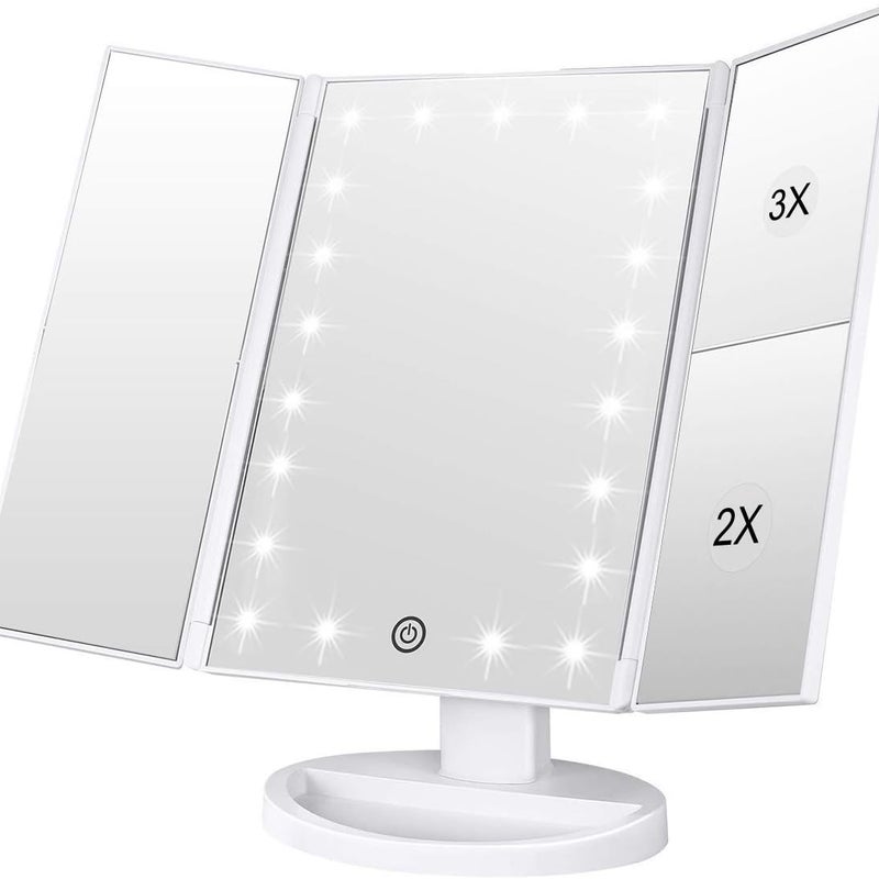Składane lusterko do makijażu 1x/2x/3x z 21 diodami LED i regulowanym ekranem dotykowym (białe)