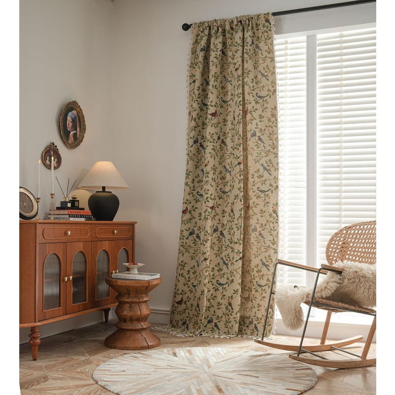 Zasłona w stylu shabby chic z motywem kwiatowym i ptakami – 1 panel, rustykalna zasłona botaniczna z kieszenią na drążek, 150 x 220 cm