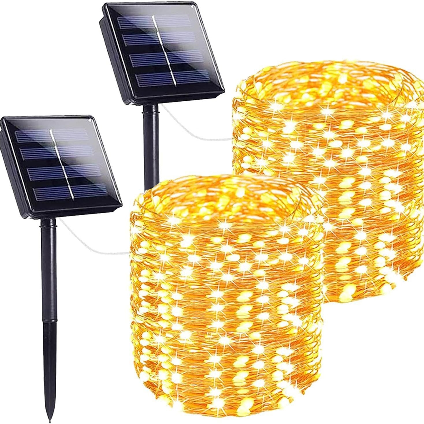 Zestaw 2 solarnych girland LED 20m – 200 diod, 8 trybów, IP65. Ciepła biel do ogrodu, tarasu, na święta, wesele i imprezy!