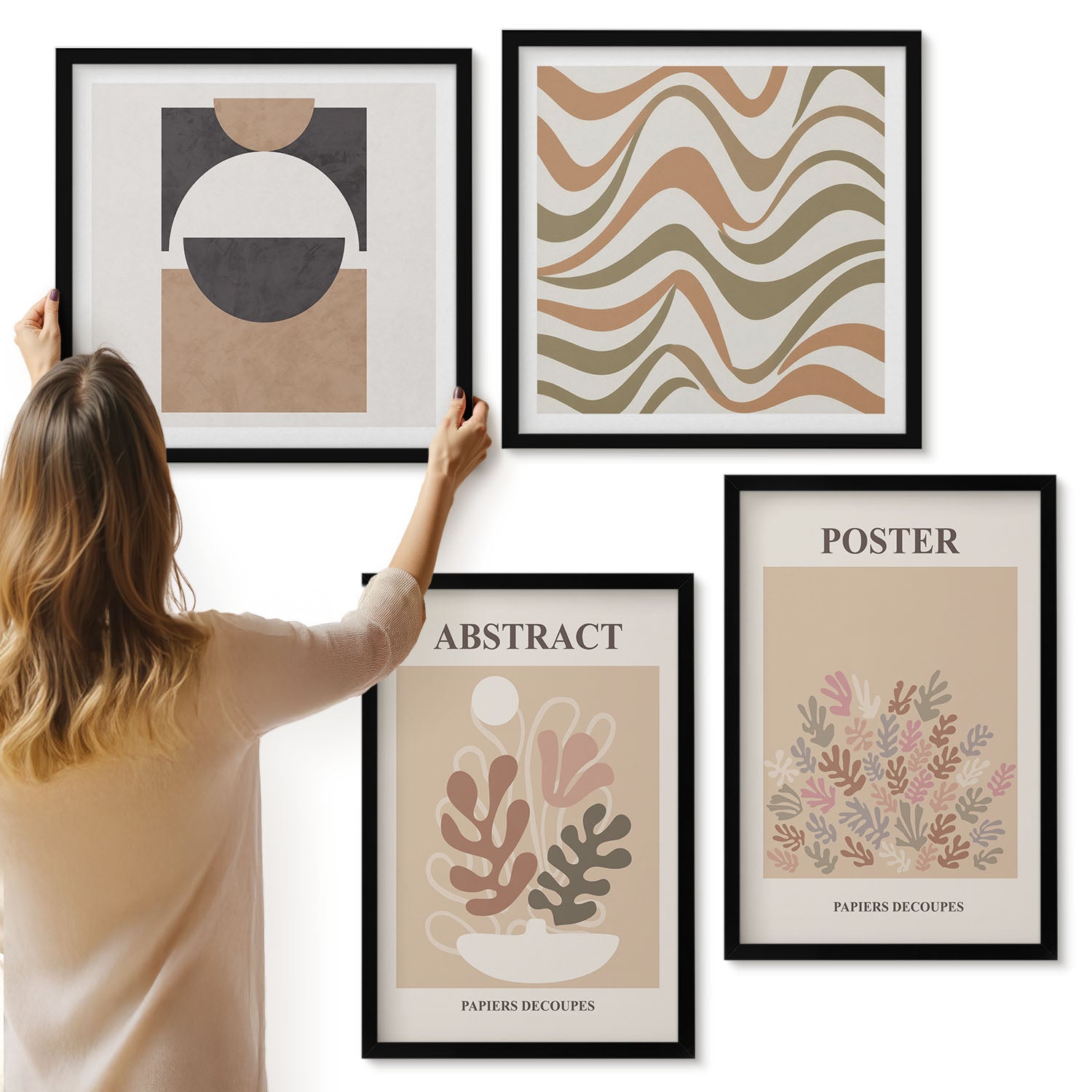 Galeria ścienna 4-częściowy komplet obrazów w czarnych ramach - Abstrakcyjne kształty i wzory w stonowanej kolorystyce - ArtPrintCave