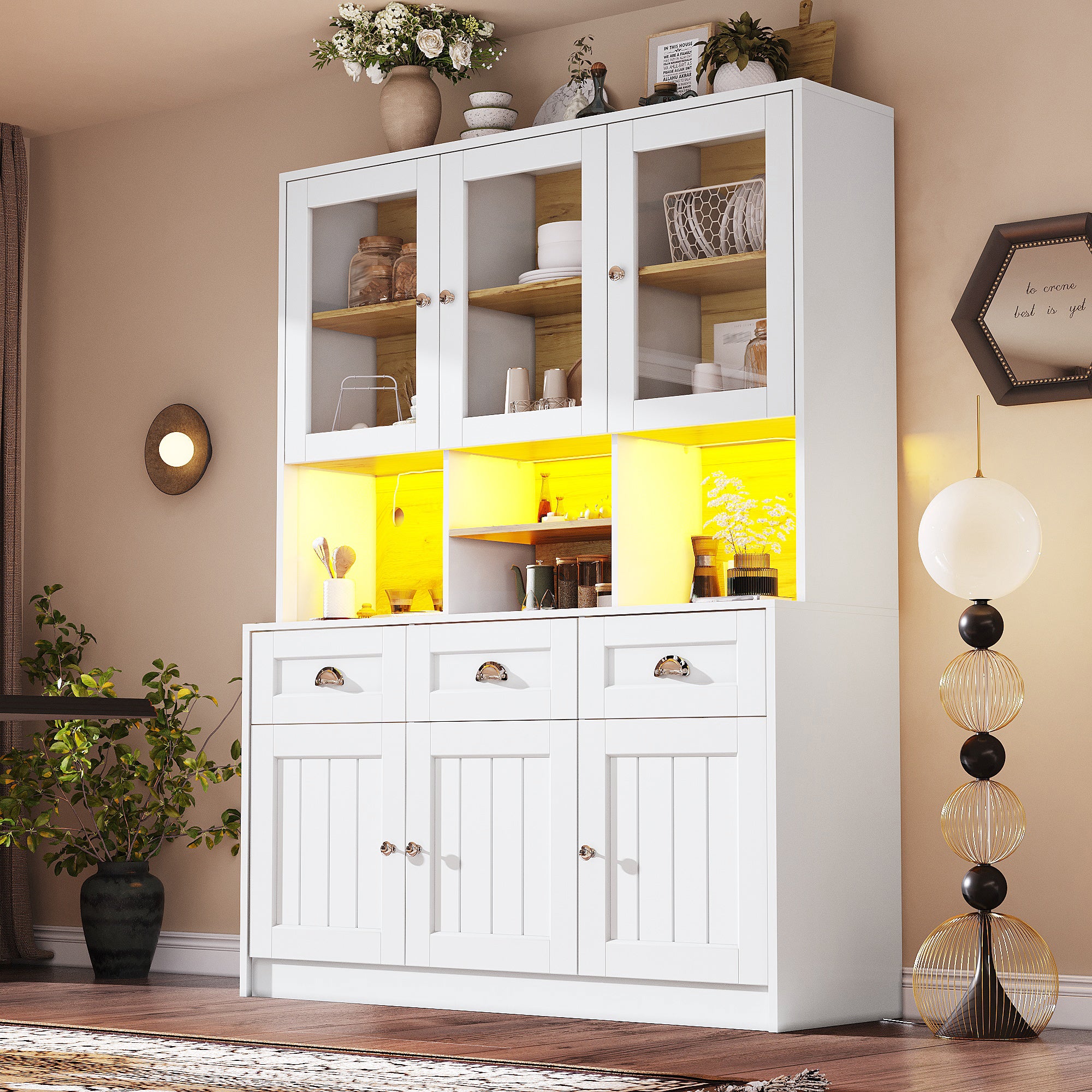 Kredens kuchenny 140 x 40 x 175 cm, z oświetleniem LED, z regulowanymi półkami, biały, MDF, praktyczny wybór do codziennego użytkowania