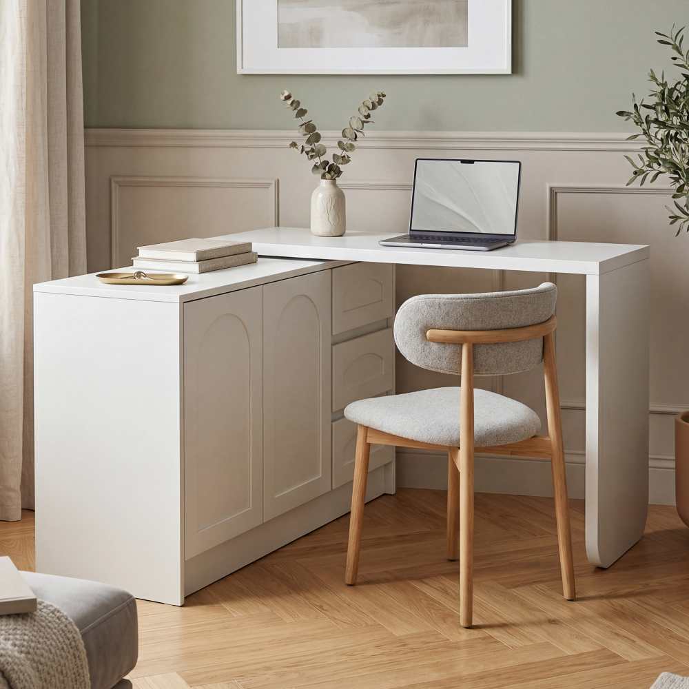 Biurko obrotowe 360° w kształcie litery L – 3 szuflady, szafka, 110-170×40 cm – oszczędzające miejsce biuro domowe – białe