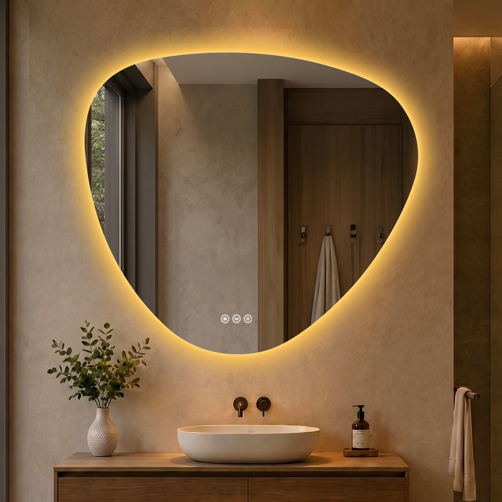 Lustro z oświetleniem LED asymetryczne 90 × 80 cm, lustro łazienkowe podświetlane bez ramy, 3 barwy światła, funkcja przeciwmgielna, pamięć ustawień