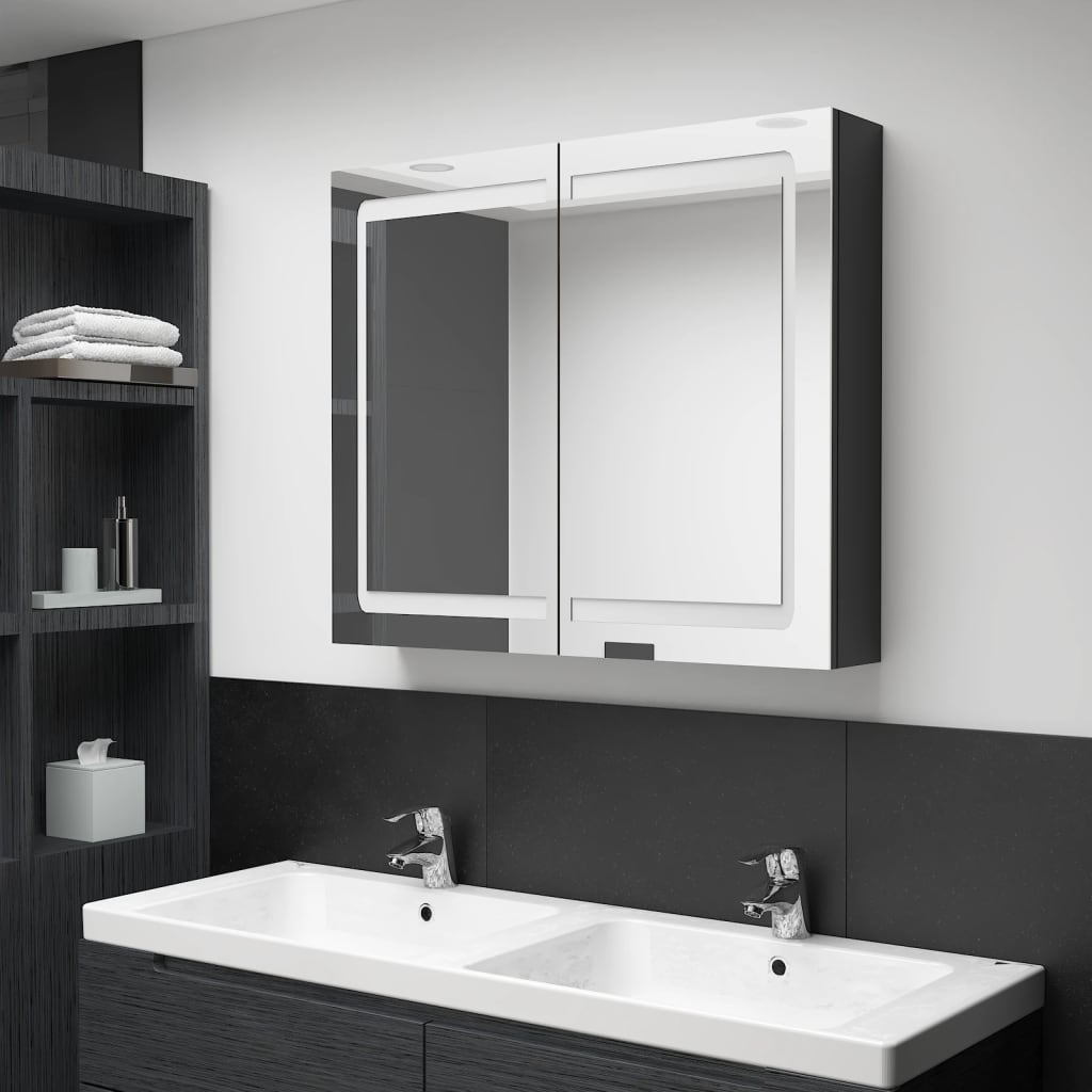 vidaXL Szafka łazienkowa z lustrem i LED, lśniąca czerń, 80x12x68 cm
