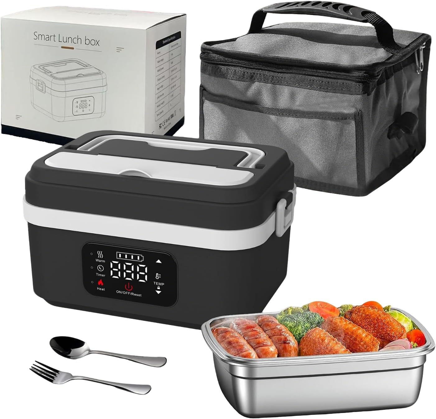 Podgrzewany, ładowalny elektryczny lunchbox o pojemności 1 l z timerem i funkcjami, 70-minutowy czas pracy baterii / szczelny i zmywalny / wyjmowany p