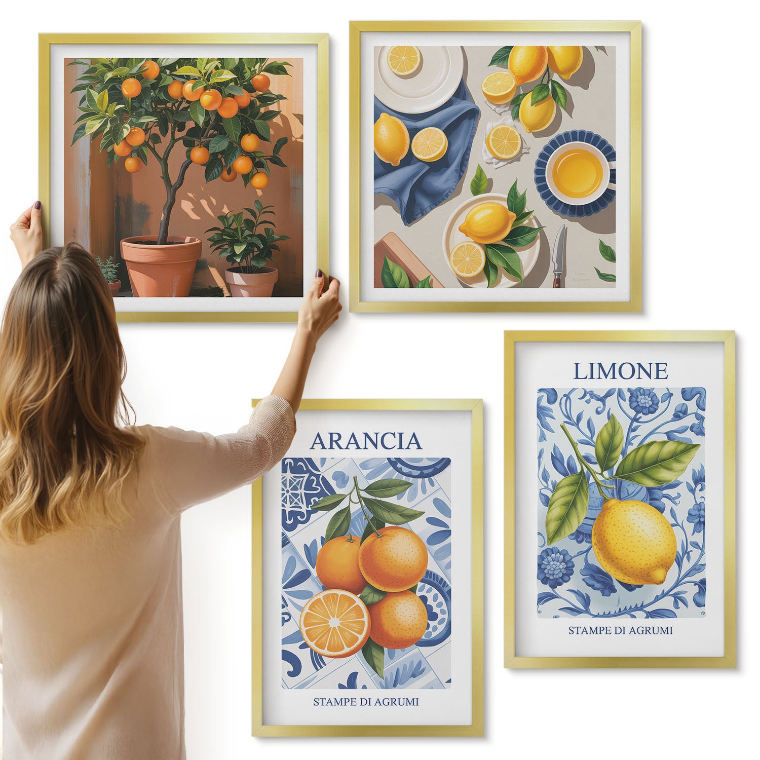 Galeria ścienna 4-częściowy komplet obrazów w złotych ramach - Owocowe ilustracje cytrusów w stylu vintage - ArtPrintCave
