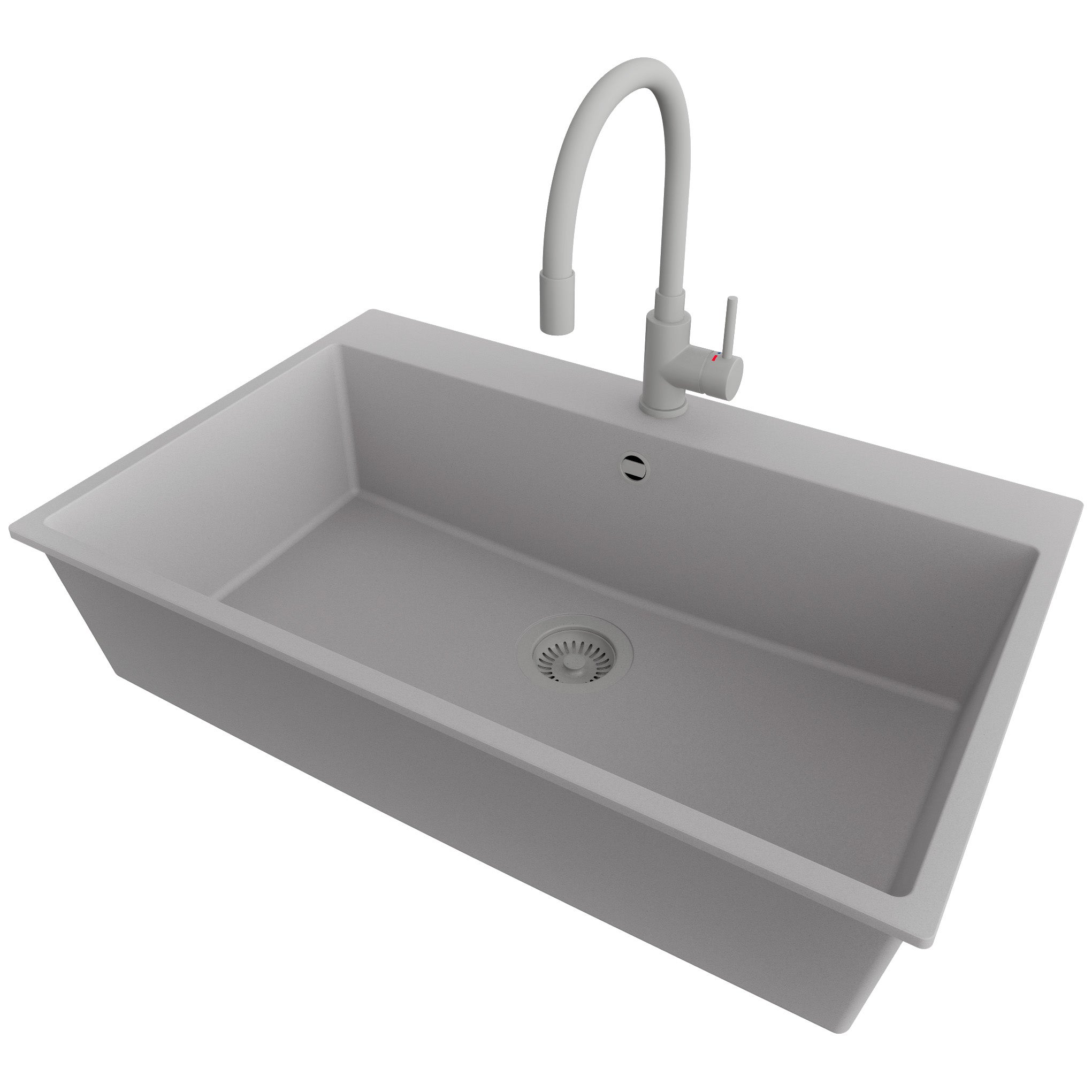Zlewozmywak Granitowy Szary 78x50cm, Zlew Kuchenny 1 Komorowy + Bateria 38x14cm + Syfon, Nablatowy do szafki od 80cm - Ryga PRIMAGRAN