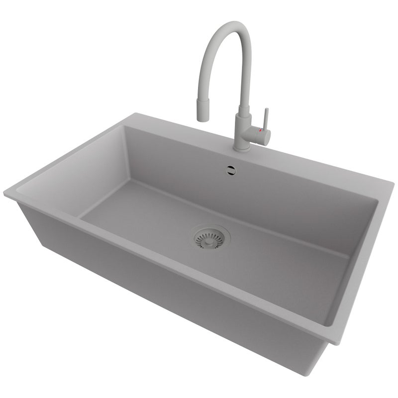 Zlewozmywak Granitowy Szary 78x50cm, Zlew Kuchenny 1 Komorowy + Bateria 38x14cm + Syfon, Nablatowy do szafki od 80cm - Ryga PRIMAGRAN