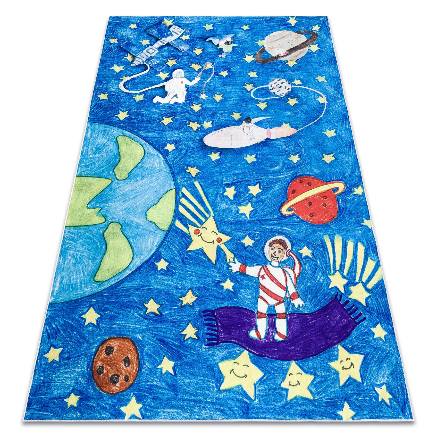 Dywan do prania BAMBINO 2265 Kosmos, rakieta dla dzieci, antypoślizgowy - niebieski 140x190 cm