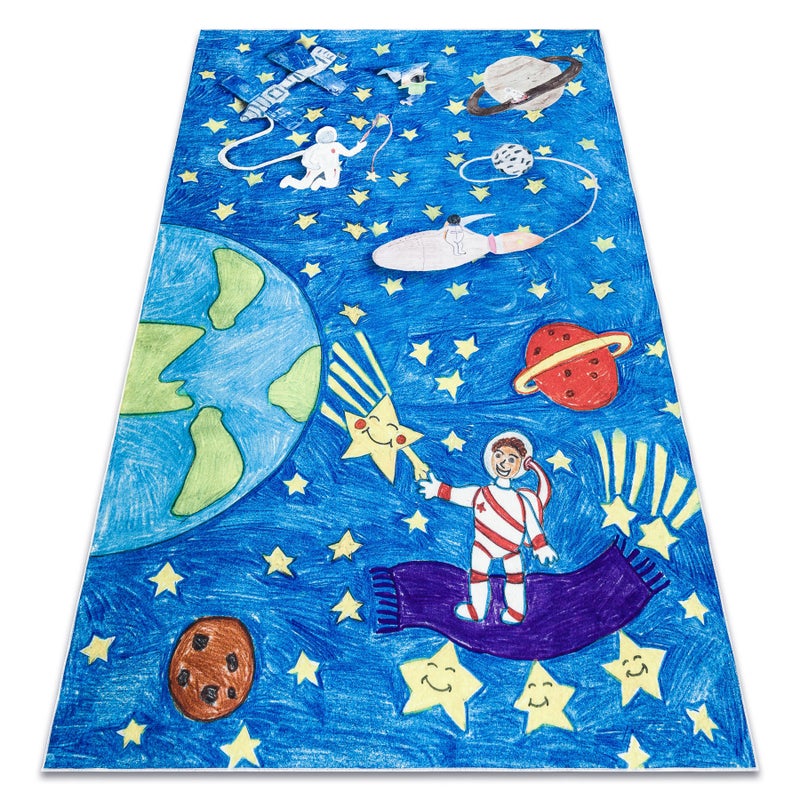 Dywan do prania BAMBINO 2265 Kosmos, rakieta dla dzieci, antypoślizgowy - niebieski 140x190 cm