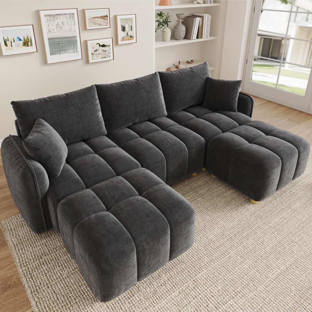 Modułowa sofa narożna L/U 5-osobowa z 2 pufami, szerokie podłokietniki
