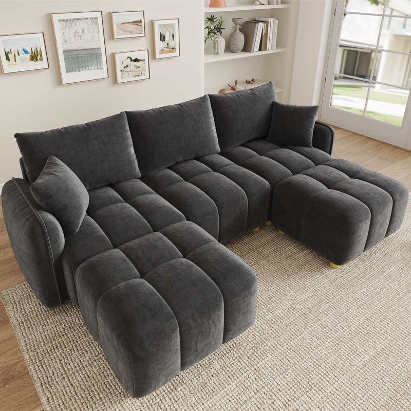 Modułowa sofa narożna L/U 5-osobowa z 2 pufami, szerokie podłokietniki