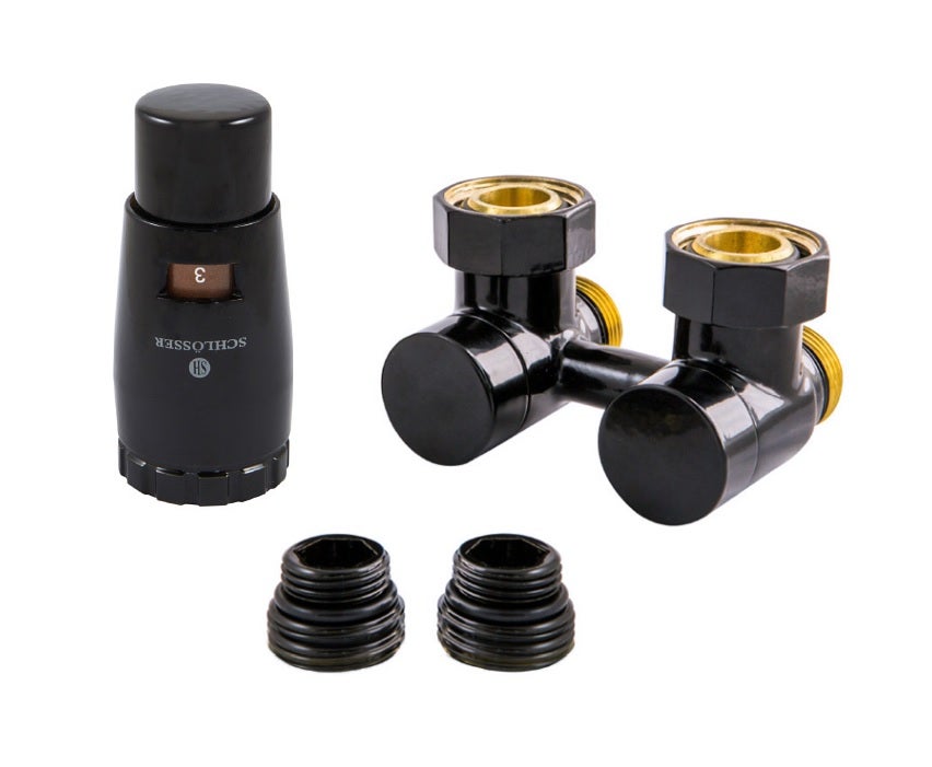 Zestaw armatury Ekskluzywnej SCHLOSSER G 3/4 x M22x1,5 kątowy, nypel 2 szt G 1/2 x 3/4 z głowicą Mini Brillant czarny 1 zest.