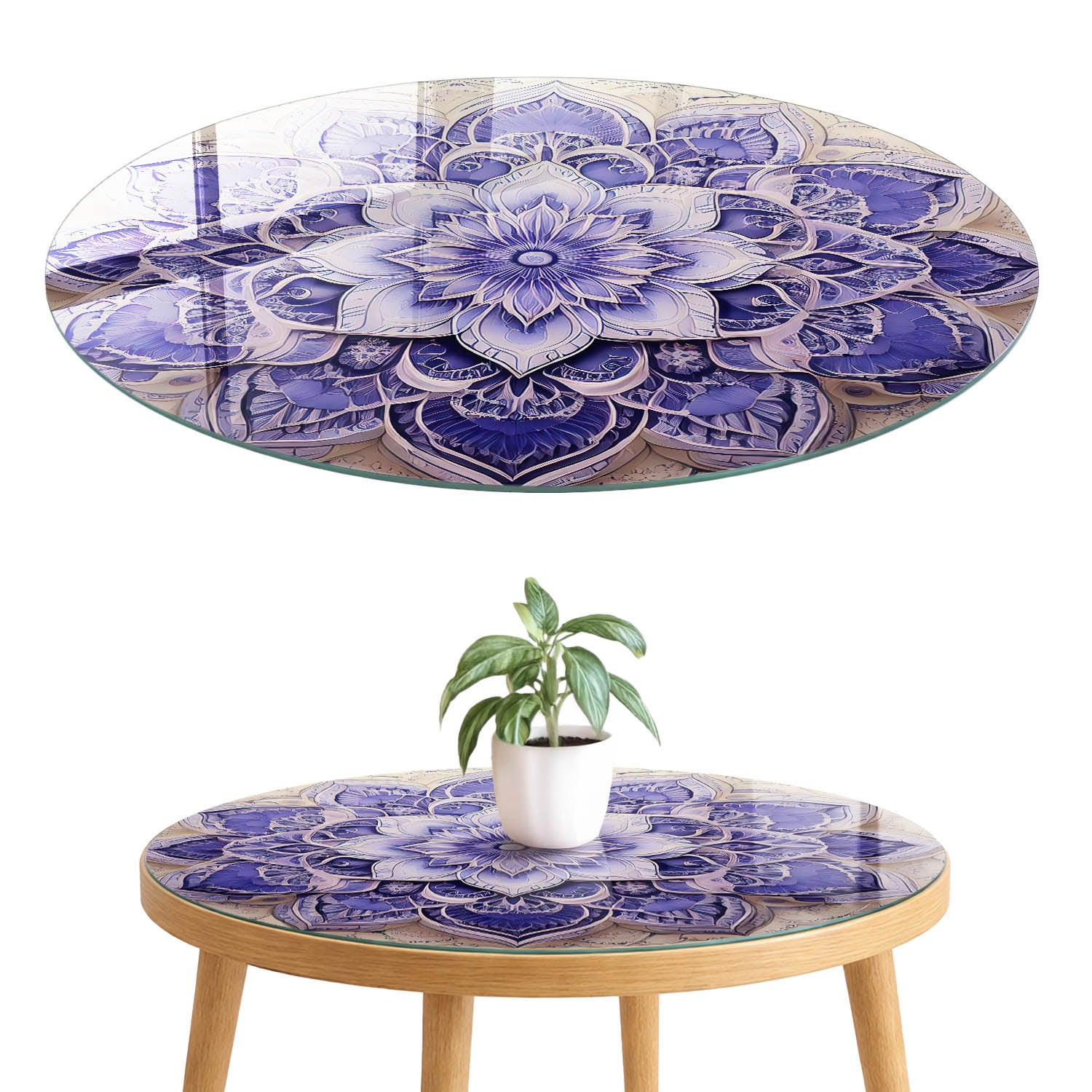 Szklany blat hartowany z wzorem 4 mm - elegancka dekoracja i maskowanie blatu fi50 cm Fioletowa mandala