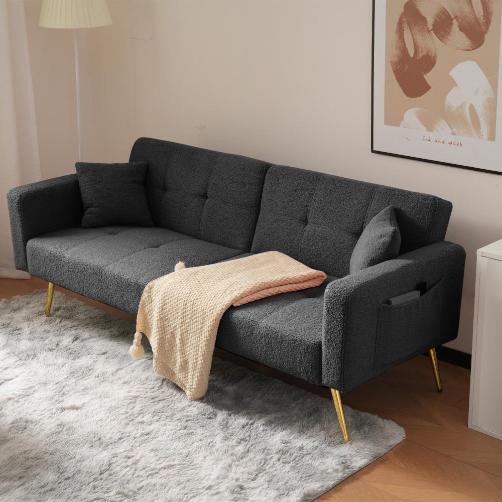 Sofa z funkcją spania, regulowanym kątem, złotymi nogami, poduszkami i bocznymi kieszeniami do przechowywania