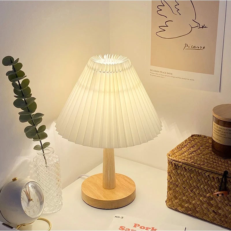Plisowana lampa stołowa, drewniana lampka nocna w stylu vintage, lampa biurkowa, dekoracyjna lampa stołowa, lampka nocna LED, ciepłe światło (białe)