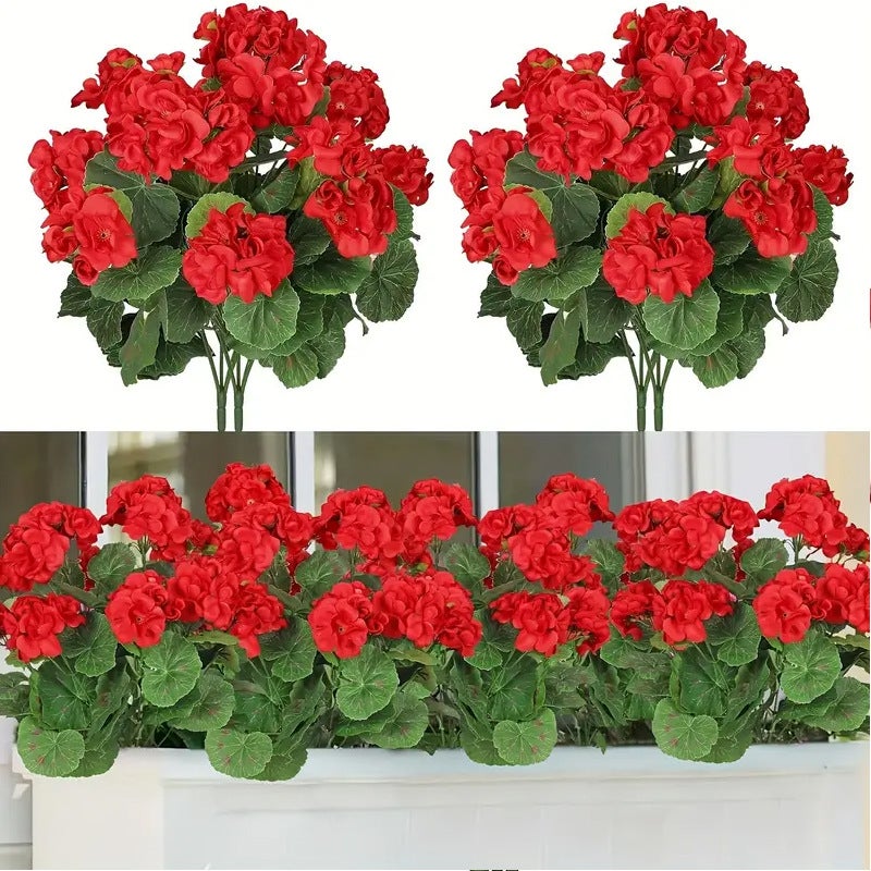 Zestaw 4 sztucznych kwiatów pelargonii jedwabnych odpornych na promieniowanie UV, dekoracja stołu do domu, czerwone, 35 cm