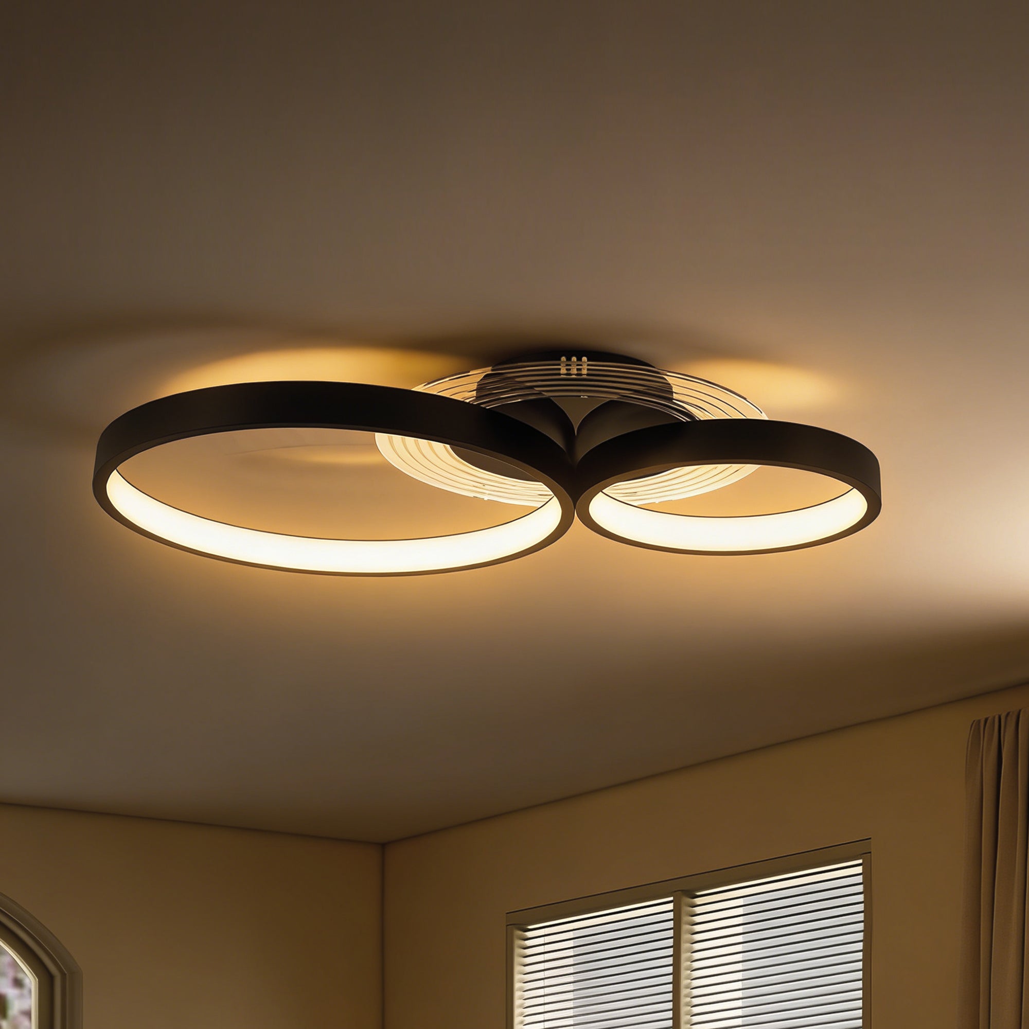 Nowoczesna lampa sufitowa LED z 3 pierścieniami i regulowaną temperaturą barwową, moc 40 W, kolor czarny