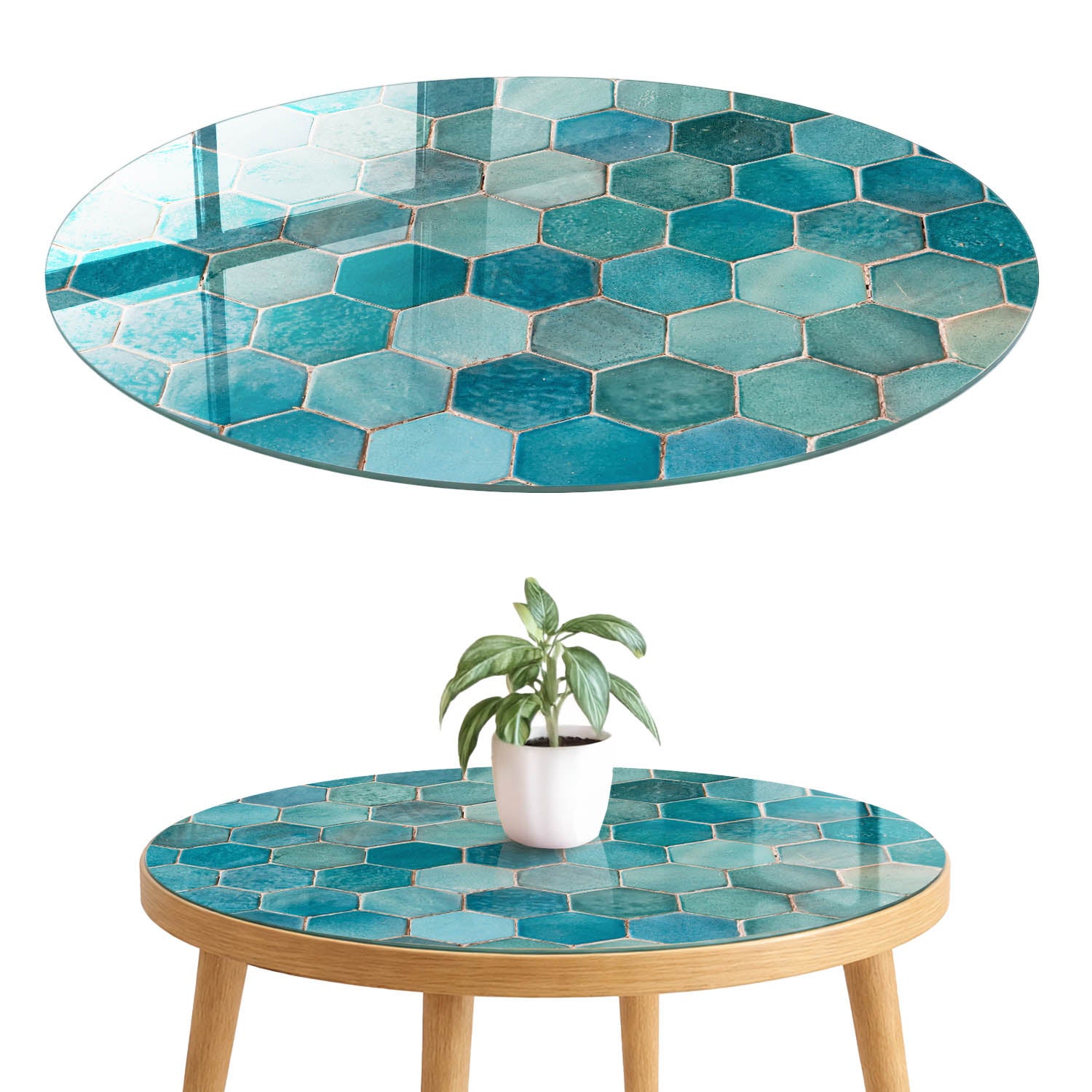 Blat szklany z grafiką i nadrukiem 4 mm - ochrona, dekoracja i metamorfoza mebli fi60 cm Turkusowe kafelki