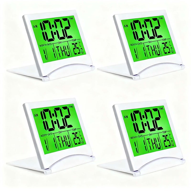 4 szt. cyfrowych budzików składanych z ekranem LCD, funkcja drzemki, kalendarz i temperatura, przenośne, praktyczne do domu, biura i podróży