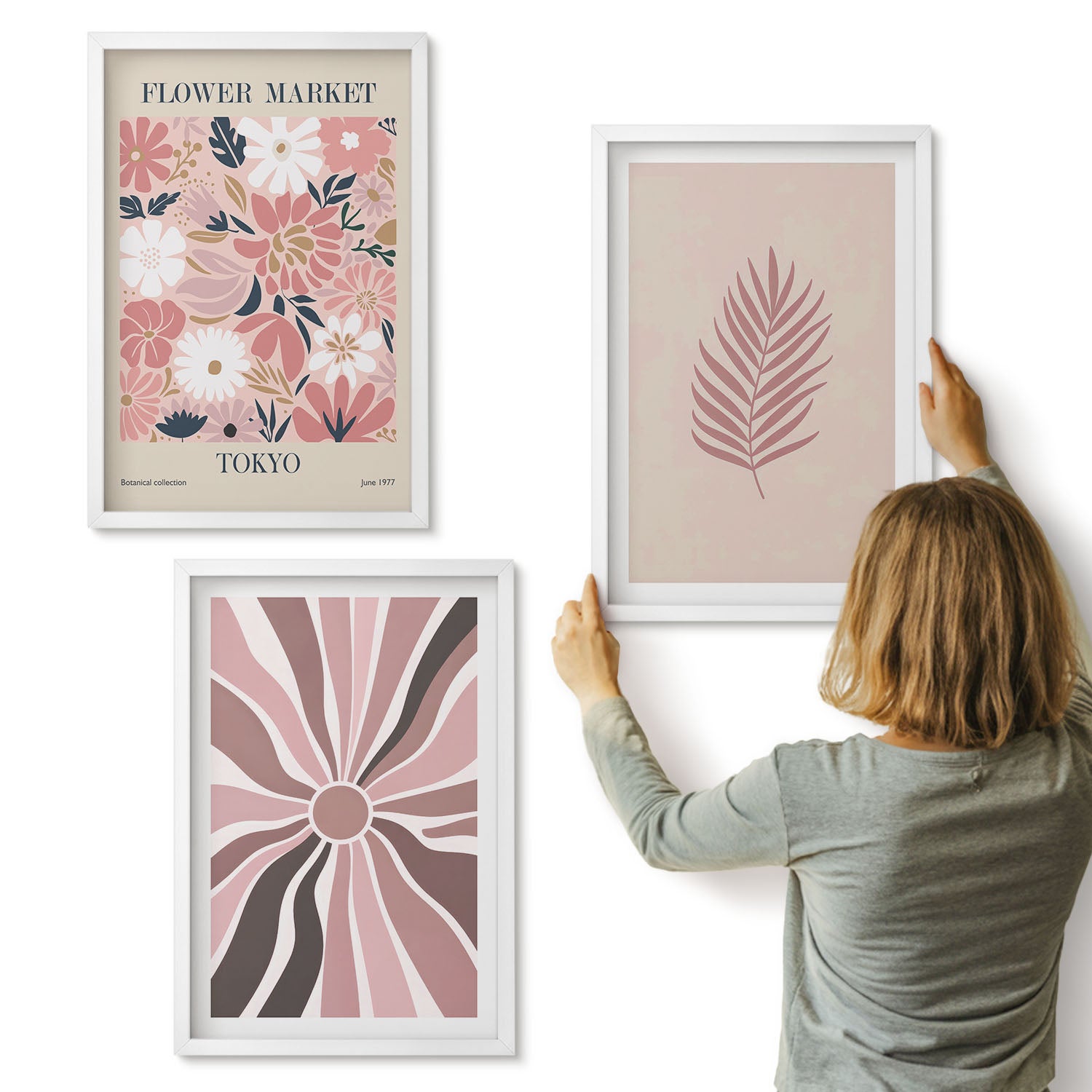 Galeria ścienna 3-częściowy komplet obrazów w białych ramach - Kwiatowe wzory z liściem i geometrycznymi kształtami - ArtPrintCave