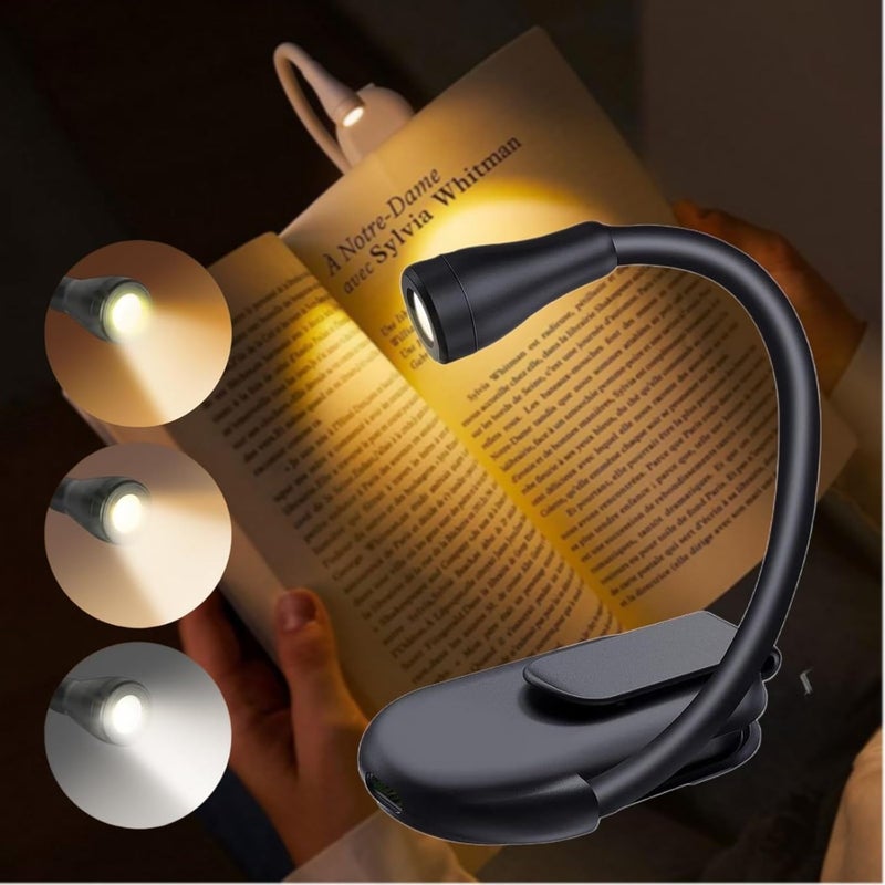 Lampka do czytania z klipsem, lampka do czytania LED, lampa z klipsem 360° z regulowaną jasnością, 3 kolory, przenośna do pracy i podróży, czarna
