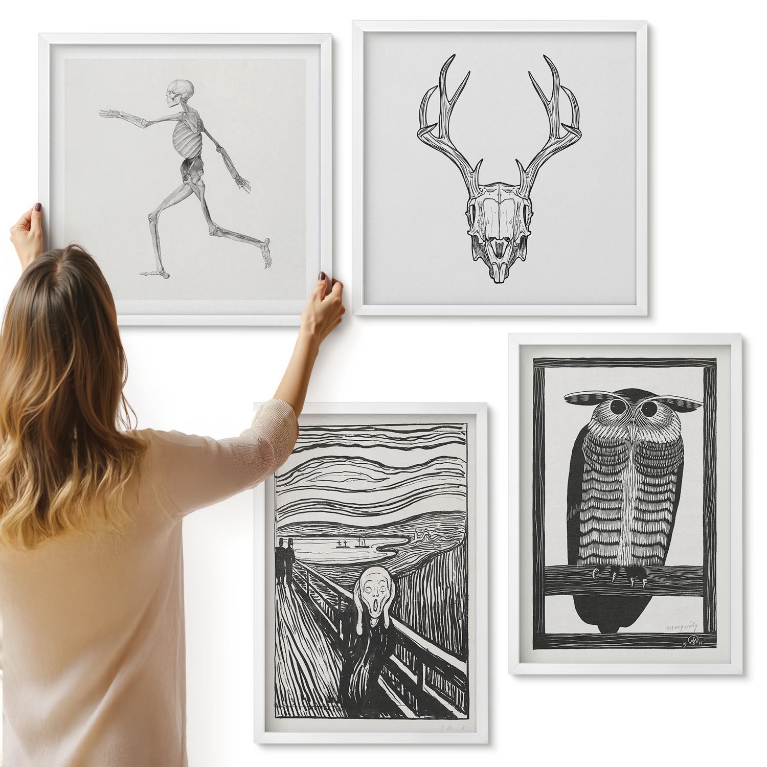 Galeria ścienna 4-częściowy komplet obrazów w białych ramach - Inspiracja obrazem Krzyk z czaszką i sową w stylu graficznym - ArtPrintCave