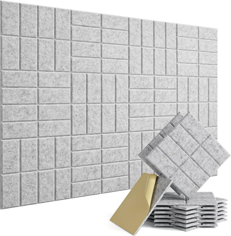 12 samoprzylepnych paneli dźwiękochłonnych, panele dźwiękochłonne z kwadratowymi rowkami, jasnoszare, 30*30 cm (z taśmą klejącą)