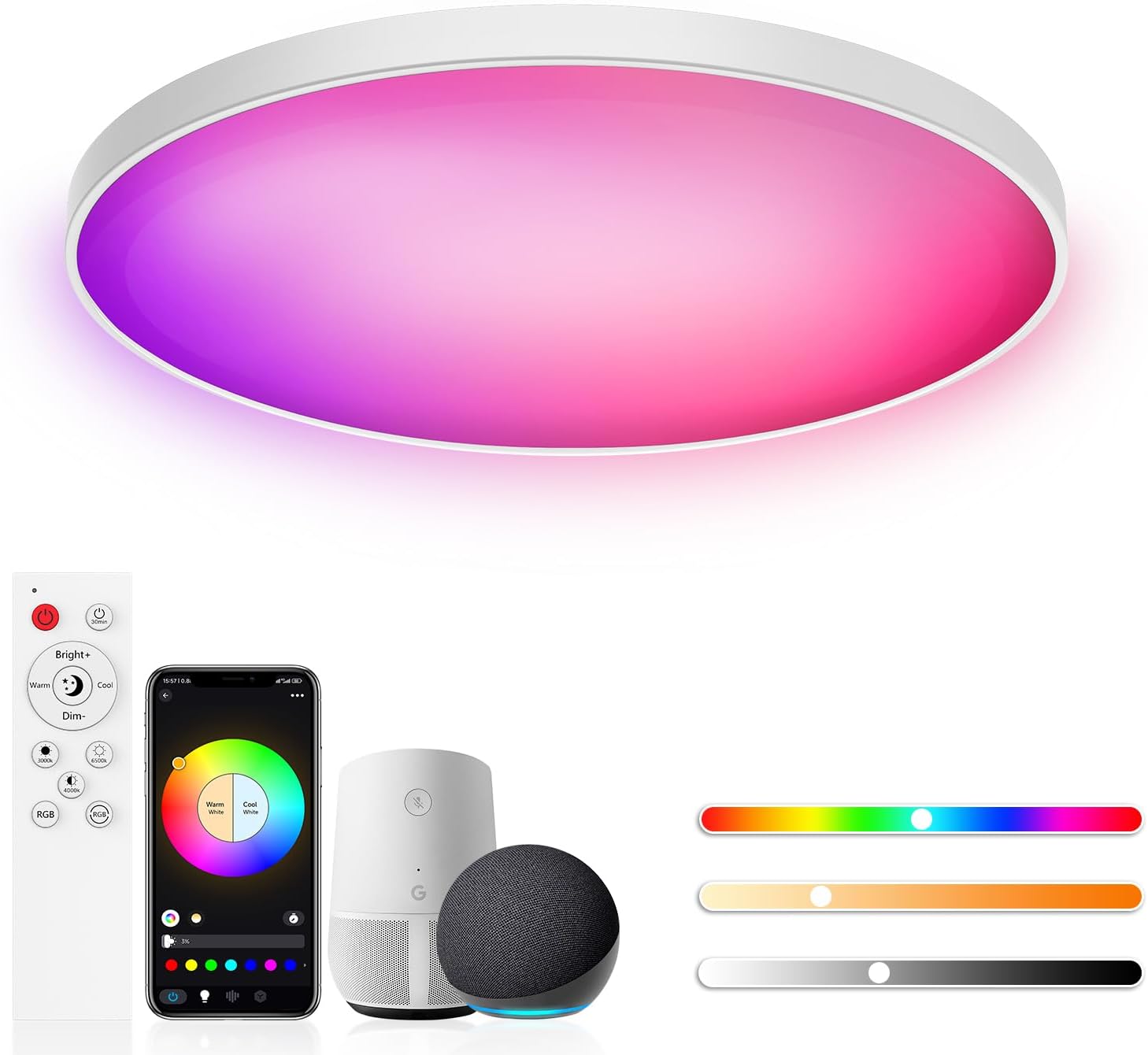 Plafonnier LED 30W, okrągłe lampy sufitowe RGB 2700K-6500K, oświetlenie sufitowe ściemnialne, kompatybilne z Alexą, sterowanie APP, zdalne sterowanie.