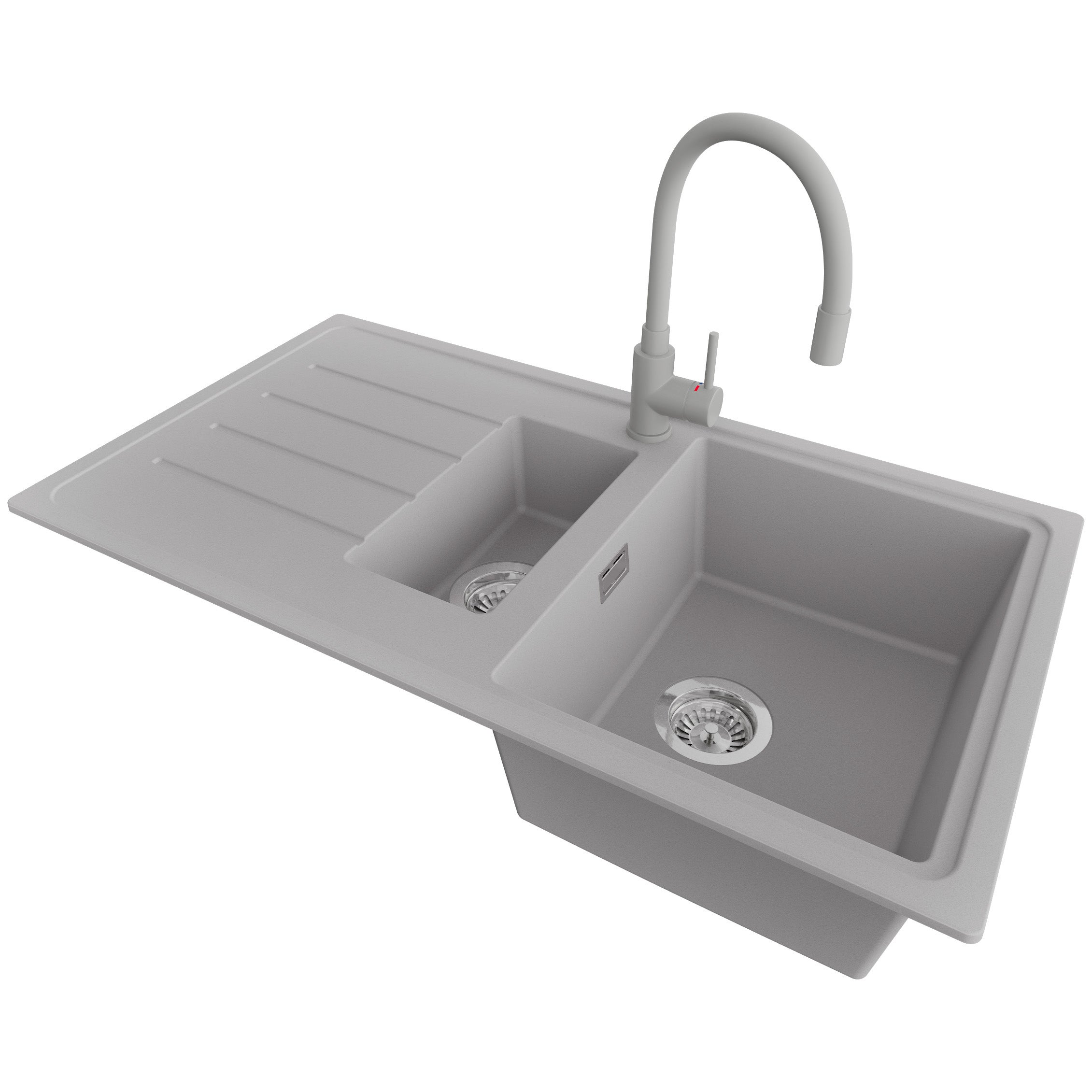 Zlewozmywak Granitowy Szary 90x50cm, Zlew Kuchenny 1,5 Komorowy + Bateria 38x14cm + Syfon, Nablatowy do szafki od 60cm - Kopenhaga Duo PRIMAGRAN
