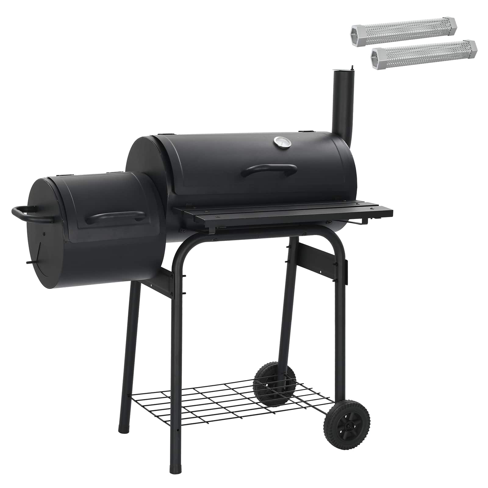 Grill Węglowy z Wędzarnią na Kółkach z Termometrem Stalowy Czarny do Ogrodu
