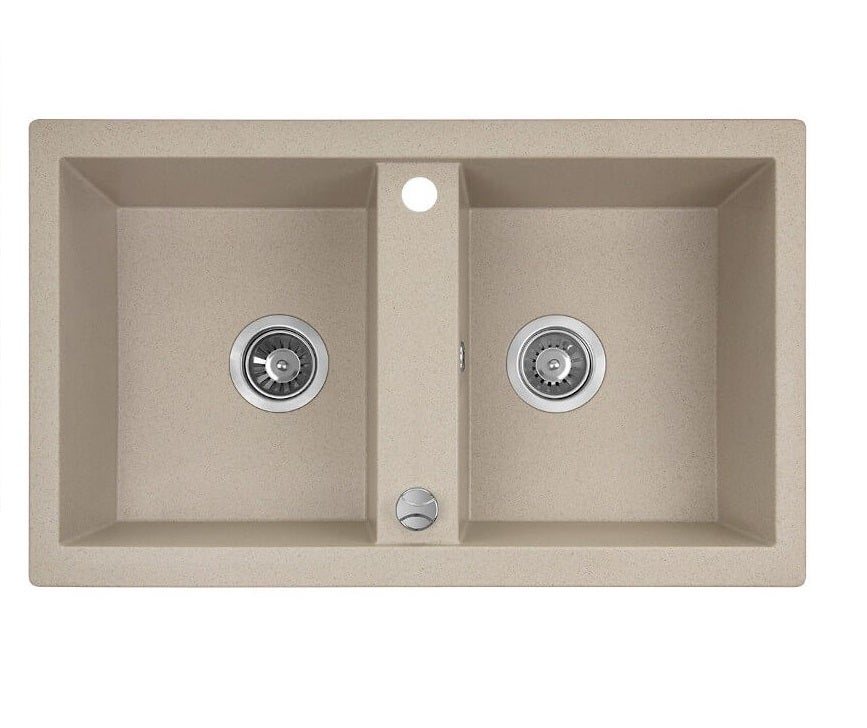 Zlewozmywak granitowy dwukomorowy beżowy Kuchinox 48x78 cm bez ociekacza z syfonem Space Saving i korkiem automatycznym 1. szt.