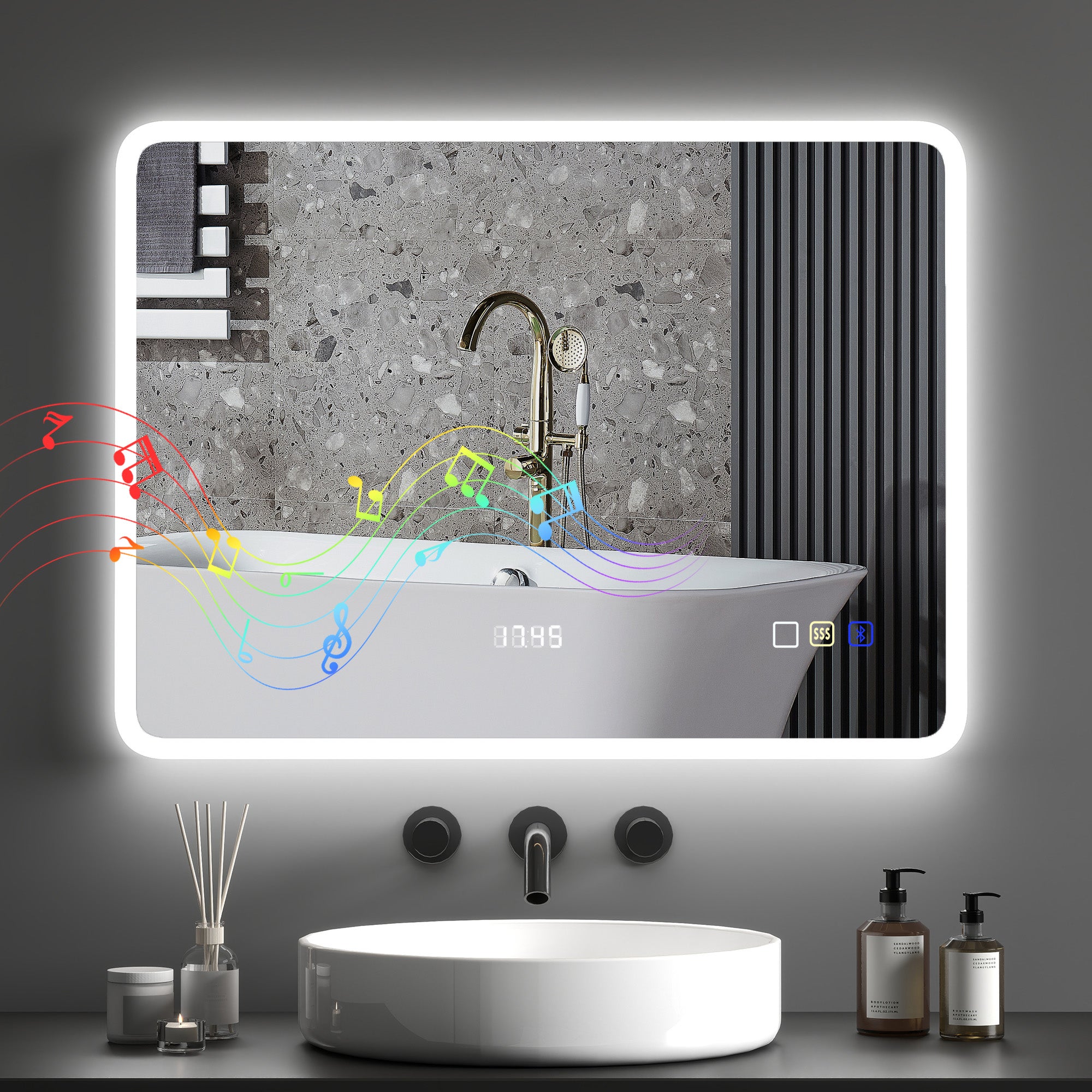 Lustro łazienkowe z oświetleniem LED, 80x60 cm, Bluetooth, 3 kolory oświetlenia, funkcja przeciwmgielna, funkcja pamięci, IP44