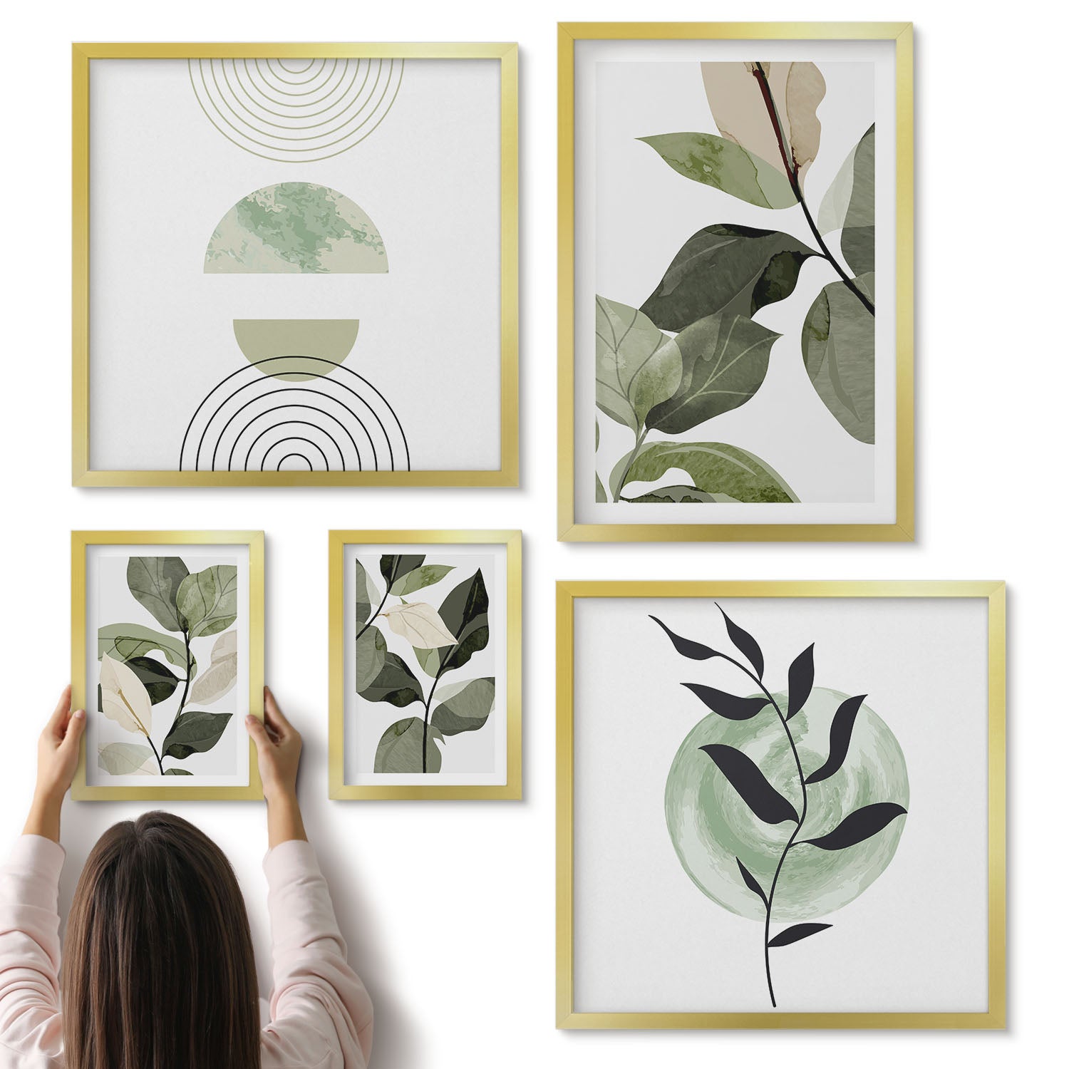 Galeria ścienna 5-częściowy komplet obrazów w złotych ramach - Roślinne motywy w stylu skandynawskim z zielenią i grafiką - ArtPrintCave