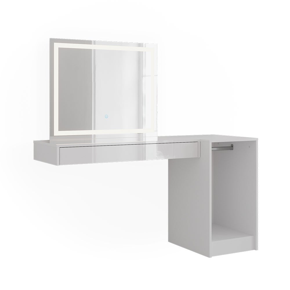 Vicco Stół toaletowy Sherry, Biały, 140.2 cm z lustrem LED i modułem z drążkiem na ubrania