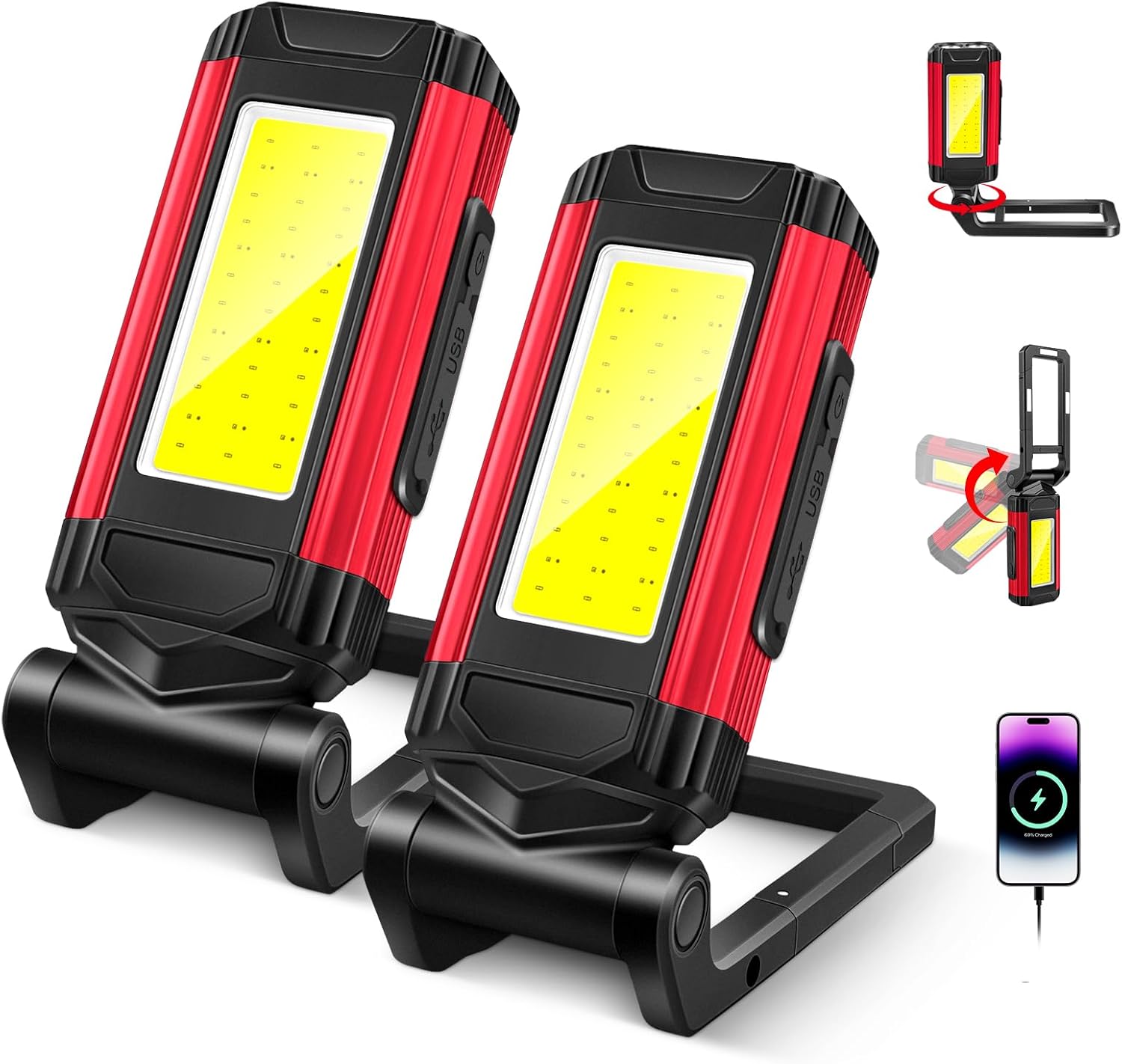 Akumulatorowa lampa robocza LED z podstawą magnetyczną i obrotowym stojakiem 360°, ładowanie przez USB-C, zestaw 2 szt.