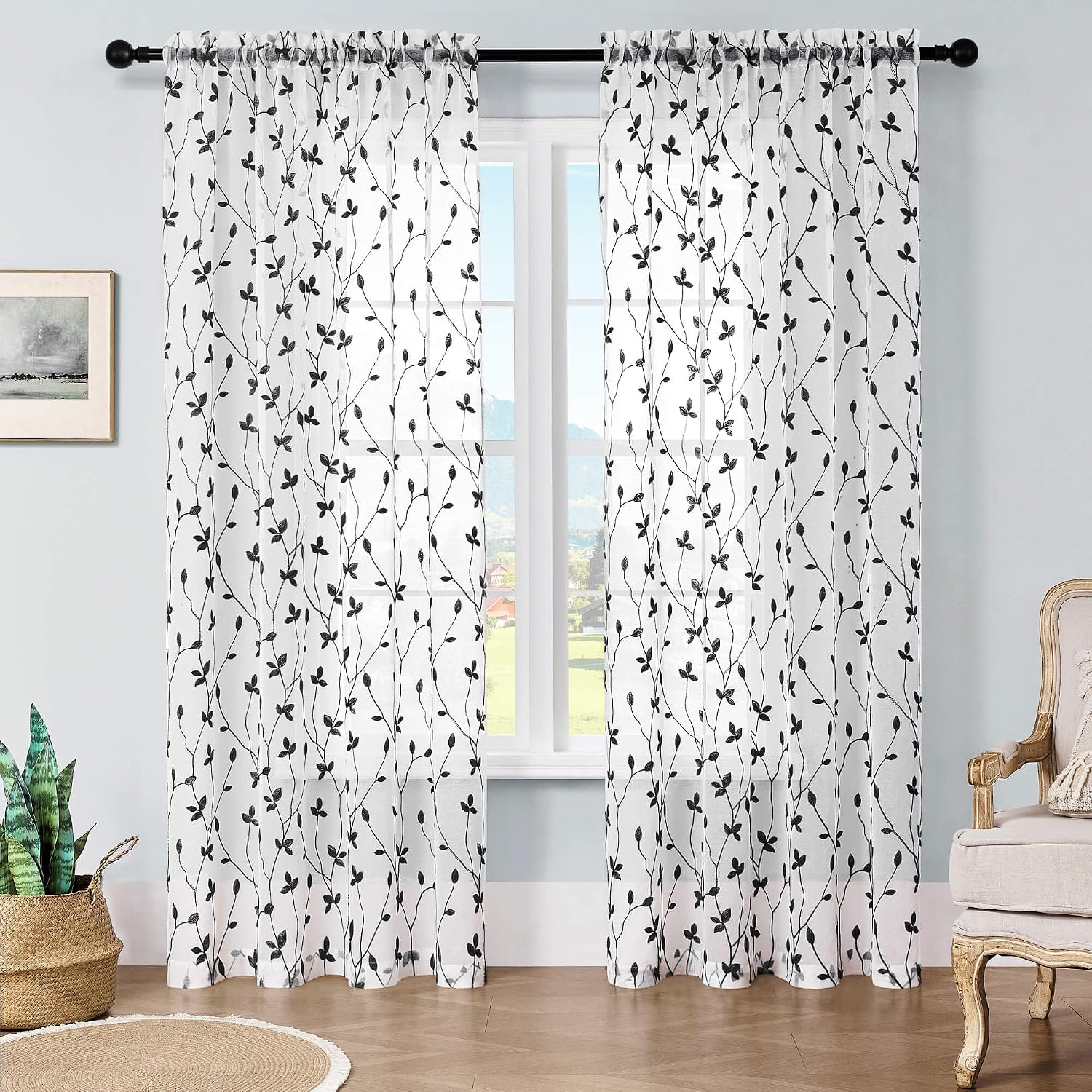 Czarne zasłony tiulowe z wzorem liści, dwuczęściowe zasłony tiulowe z motywem kwiatowym (czarne, 132 cm x 244 cm)