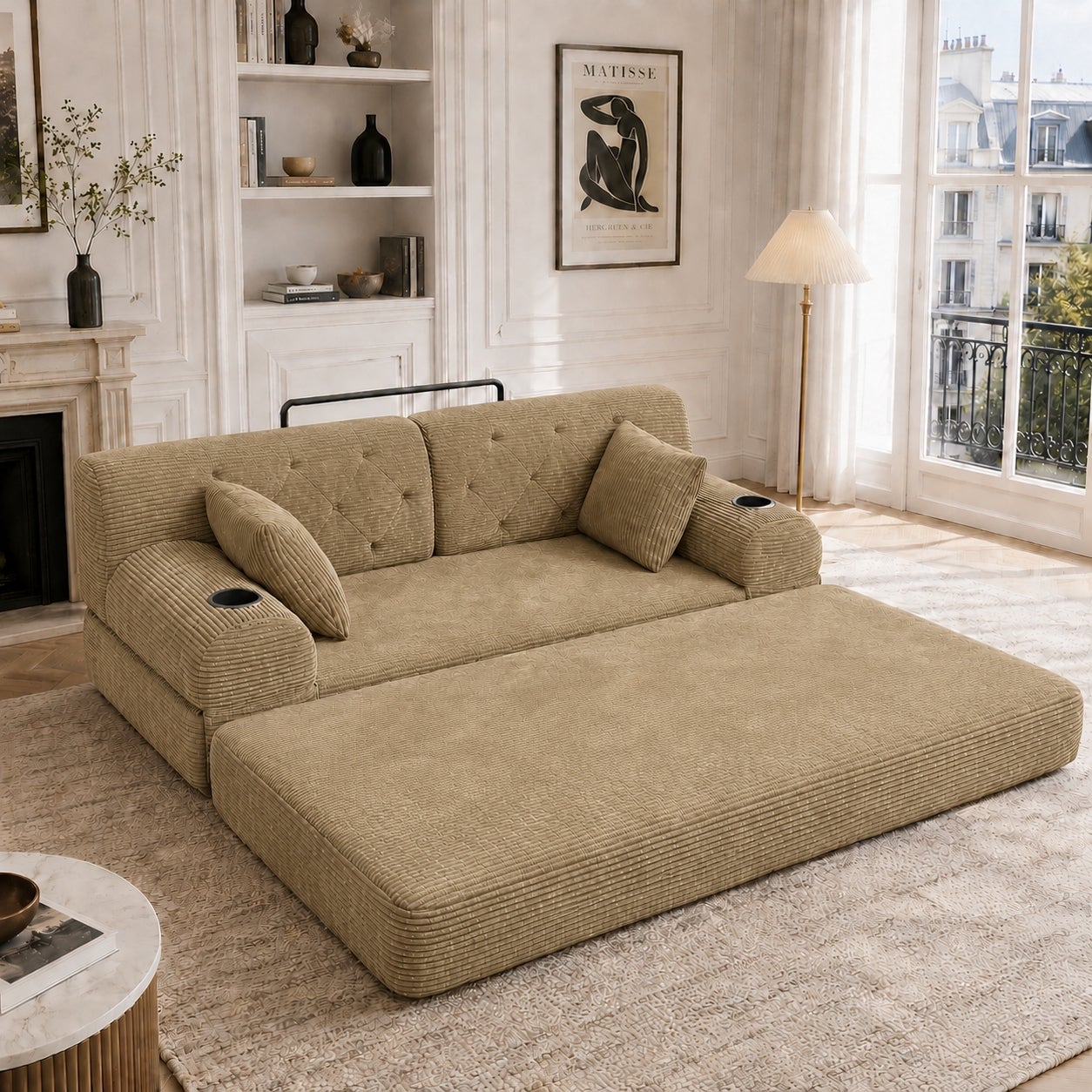 Sofa Rozkładana 2-Osobowa Sztruks Khaki z Uchwytami na Kubki do Małych Przestrzeni