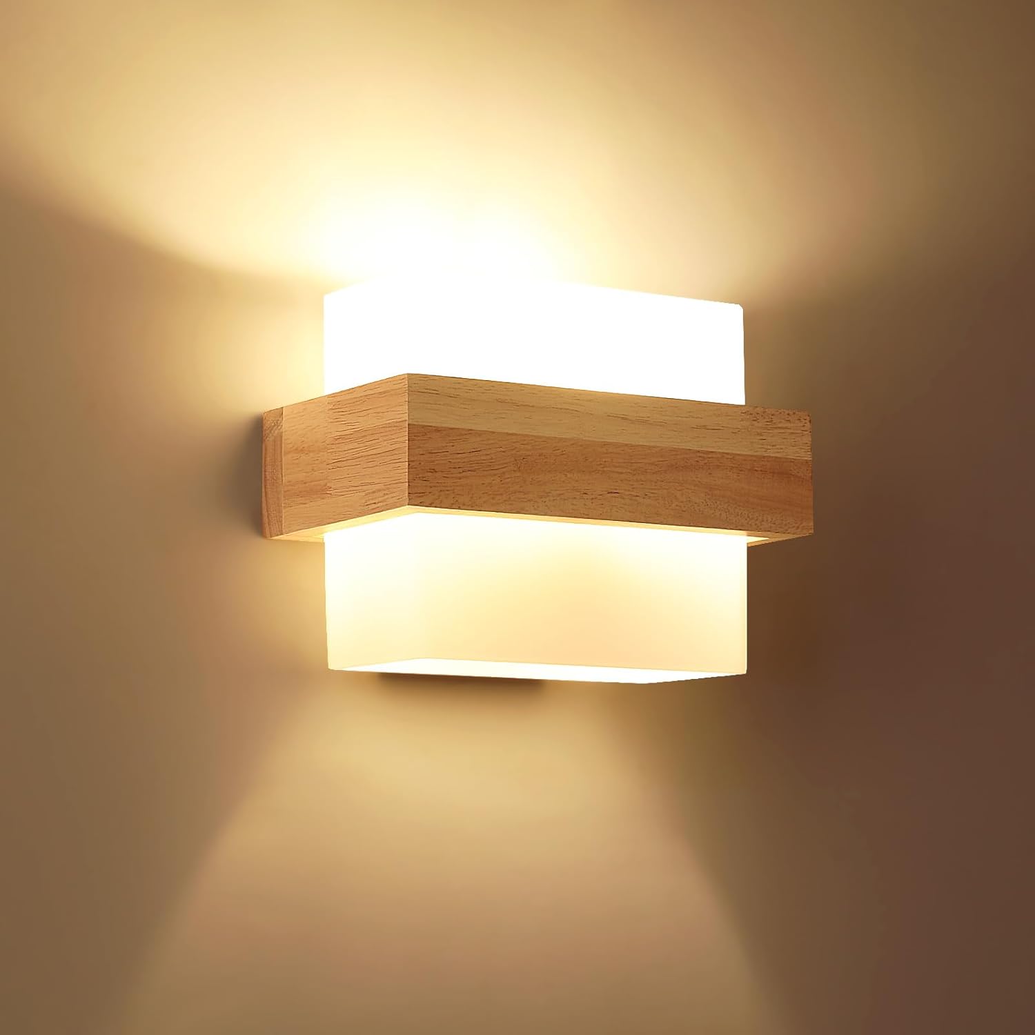 Drewniana lampa ścienna do wnętrz E27 / szklana lampa ścienna - odpowiednia do sypialni, salonów, korytarzy, klatek schodowych i kawiarni.