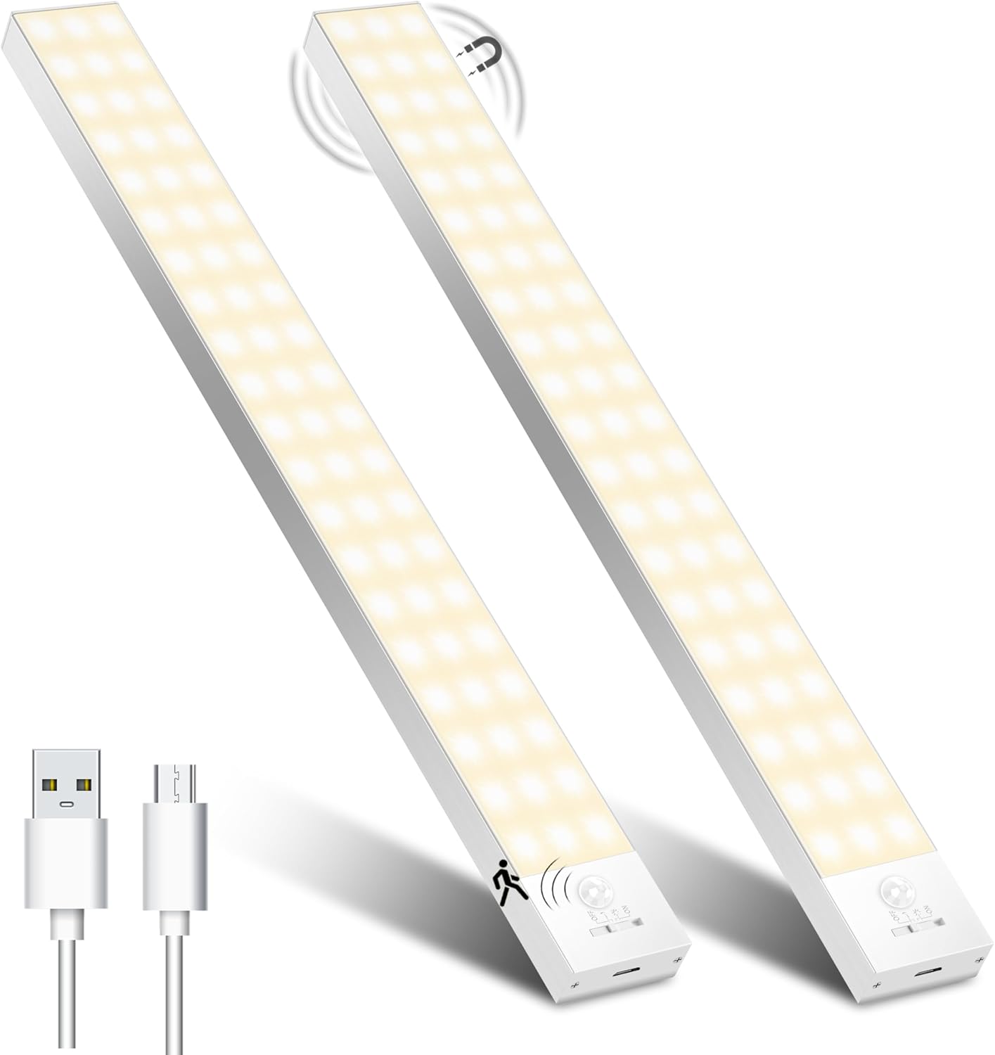 Ładowane oświetlenie LED do szafy z czujnikiem ruchu, idealne do biura, schodów i korytarza, ciepłe białe światło o długości 34 cm (zestaw 2 szt.)