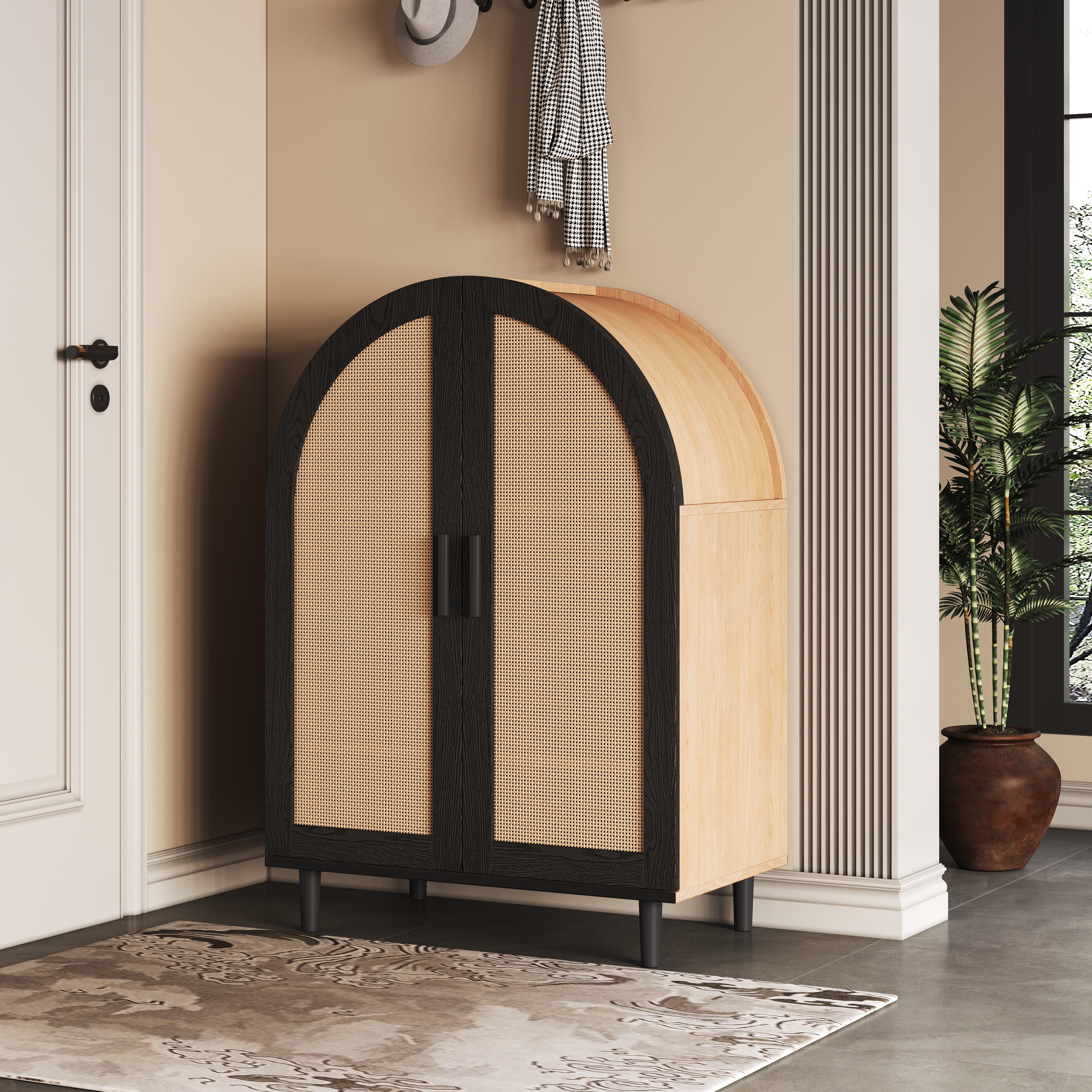 Szafka na buty z 2 drzwiami z rattanu - 70 x 40 x 100 cm - MDF, płyta wiórowa - Zaokrąglony kształt zewnętrzny - Naturalny i czarny
