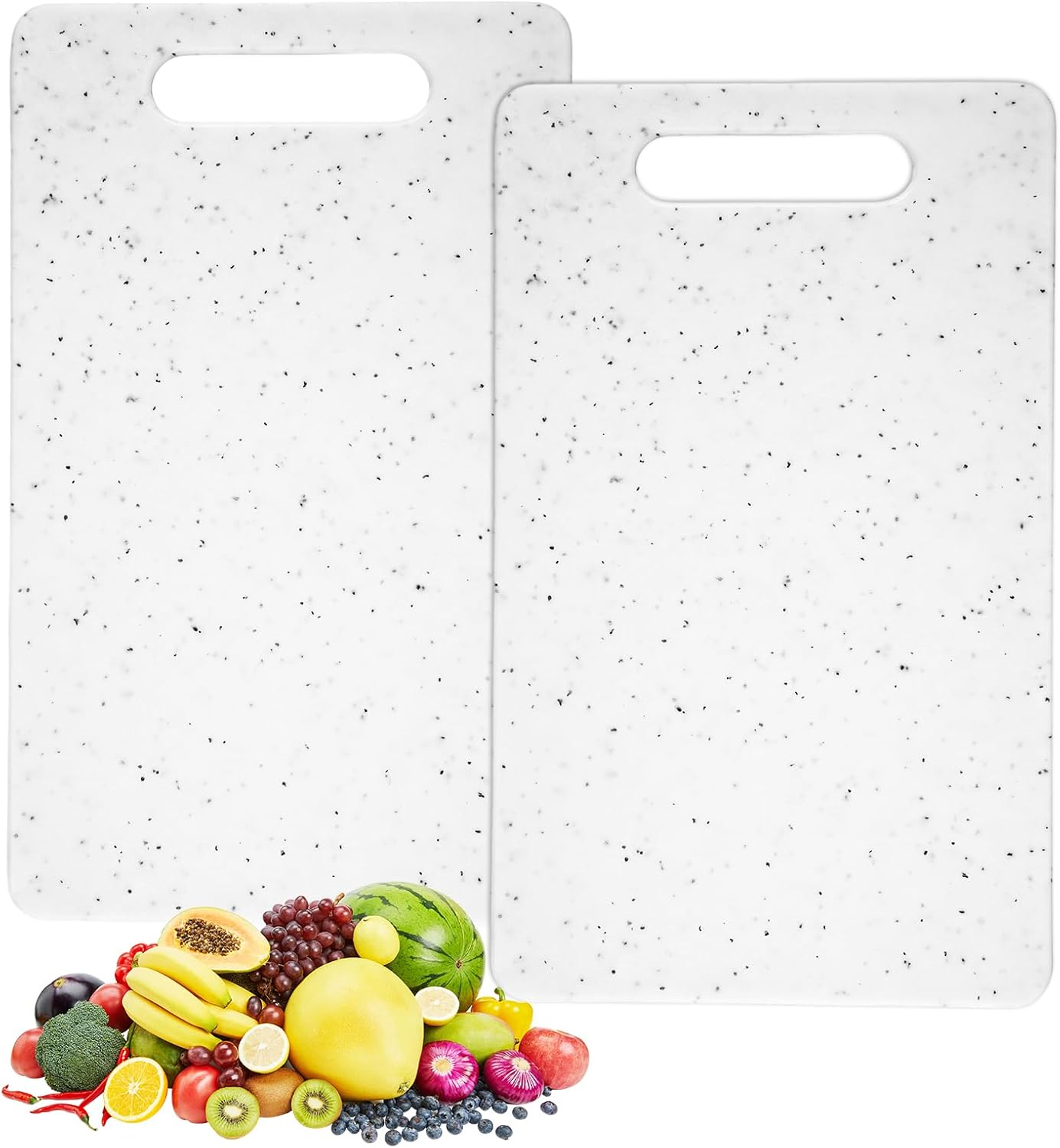 Zestaw 2 plastikowych desek do krojenia 25 x 15 cm | Mała kuchenna deska do krojenia z uchwytami, plastikowe deski do krojenia o wyglądzie granitu