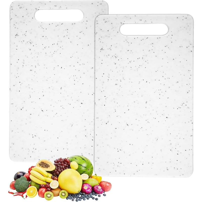 Zestaw 2 plastikowych desek do krojenia 25 x 15 cm | Mała kuchenna deska do krojenia z uchwytami, plastikowe deski do krojenia o wyglądzie granitu