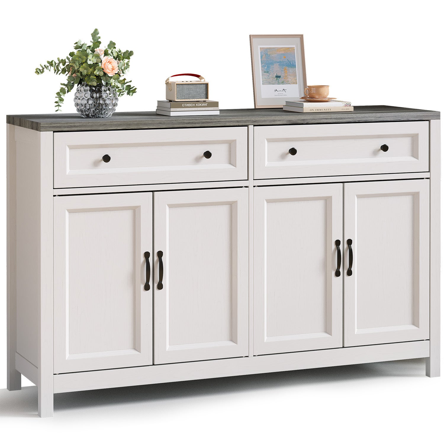 Buffet Kuchenny Mebel Przechowawczy 2 Szuflady 4 Drzwi 2 Polki Mebel Niski Szary 140x40x90cm