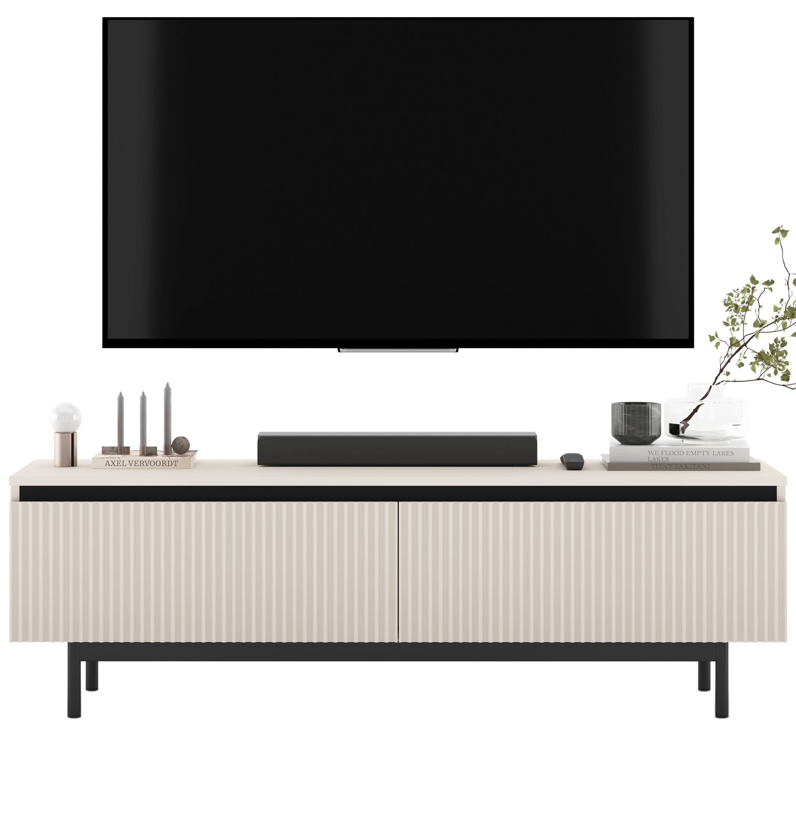Szafka RTV Glamour 140 cm kaszmir mat, ryflowane fronty, czarna rama, komoda pod telewizor