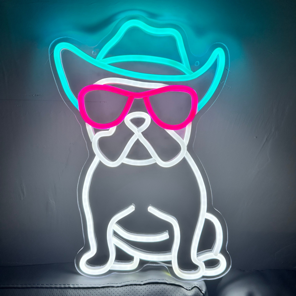 Neon z buldogiem, kowboj z buldogiem francuskim w okularach, neon LED do dekoracji ściennej