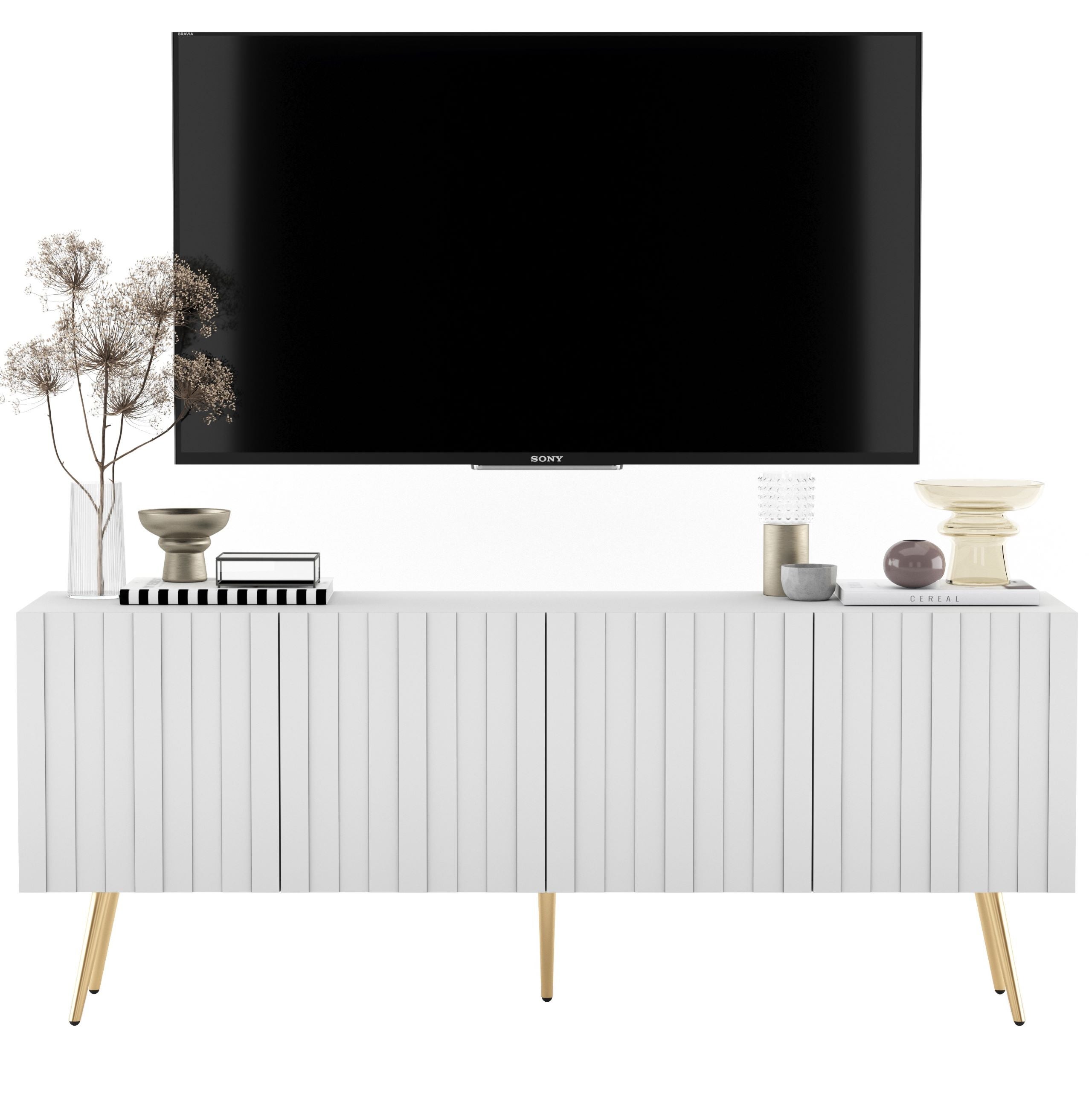 Szafka RTV Glamour 150 cm biały mat, komoda pod telewizor z metalowymi nogami loft