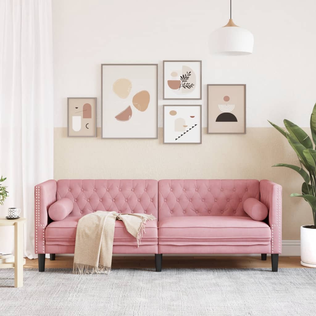 Sofa Chesterfield z wałkami, trzyosobowa, różowa, aksamit