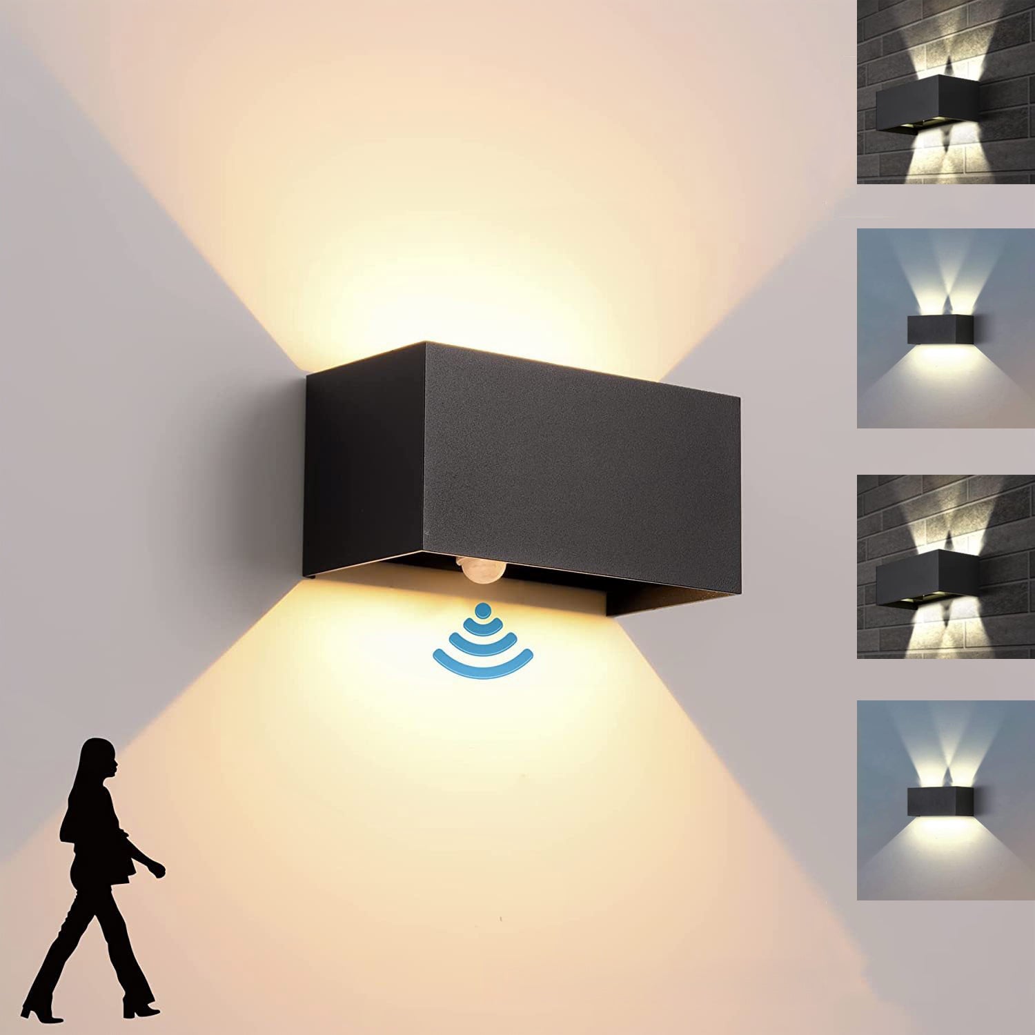 Wewnętrzna/zewnętrzna lampa ścienna LED24W z czujnikiem ruchu, białe światło 3000K, wodoodporna lampa ścienna IP65, czarna